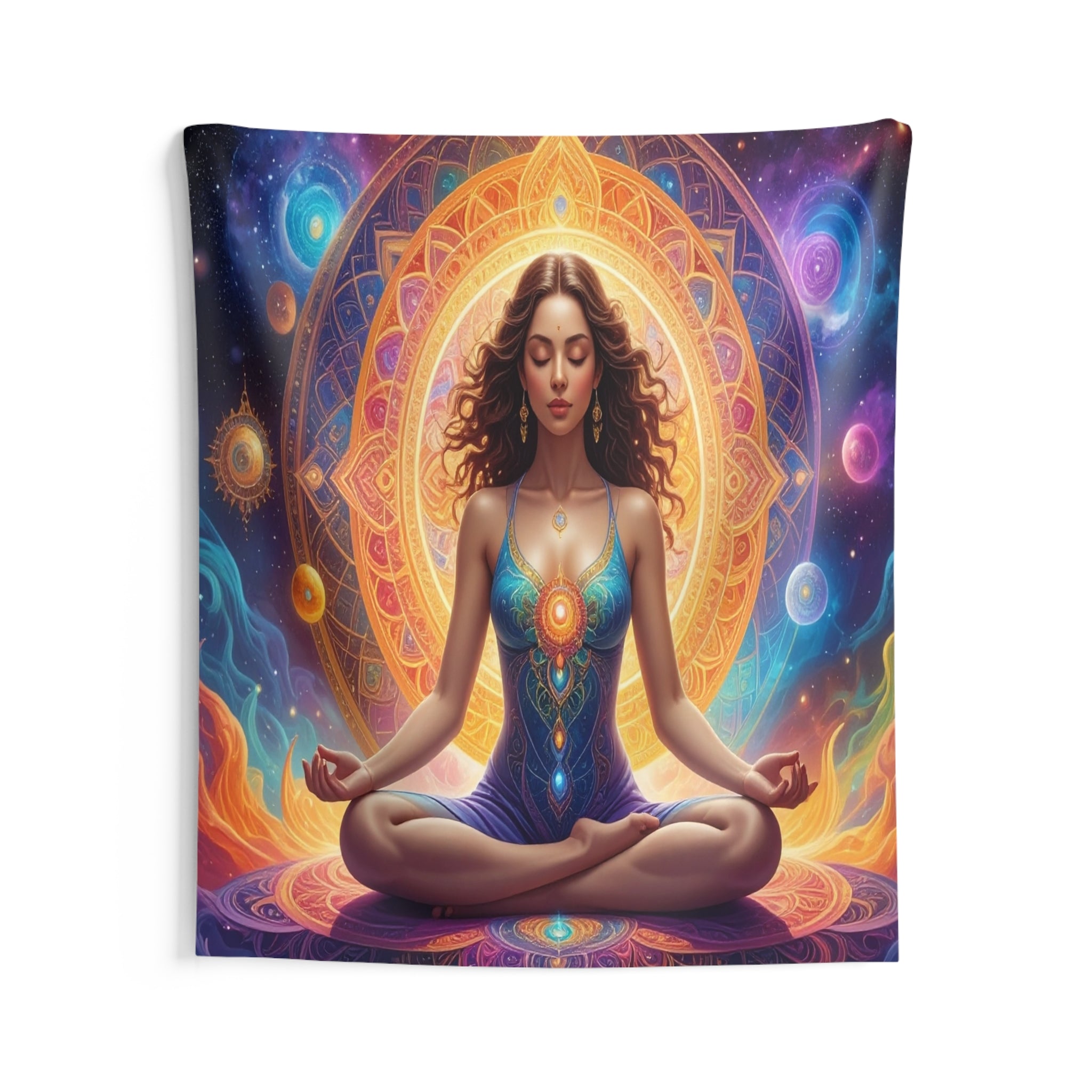 Cosmic Meditation: Ethereal Chakra Mandala, Spiritual Digital Art Transformation - L'Art Tapestry