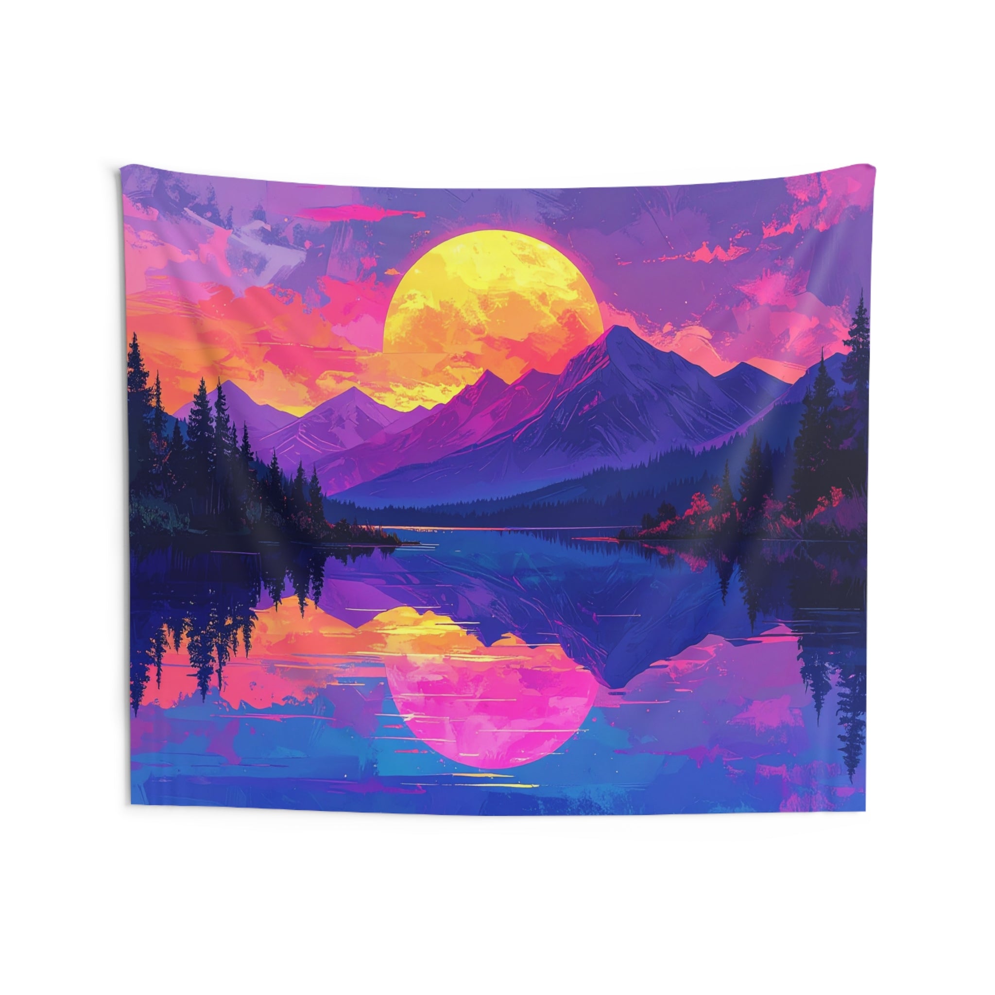 Sunset Symphony: Digital Mountain Dreamscape, Psychedelic Nature Illustration - L'Art Tapestry