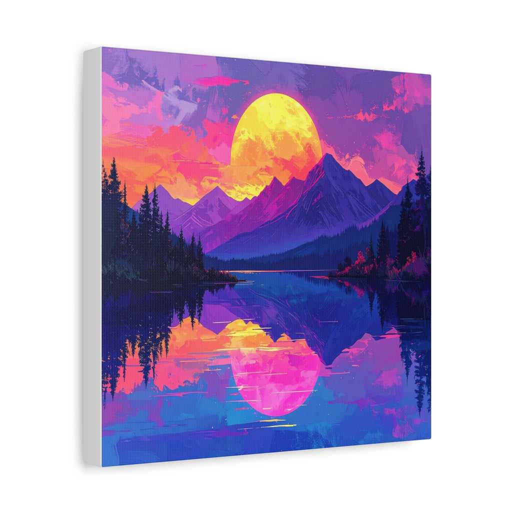 Twilight Symmetry: Neon Mountain Landscape, Vaporwave Digital Art - L’Art Suprême Canvas