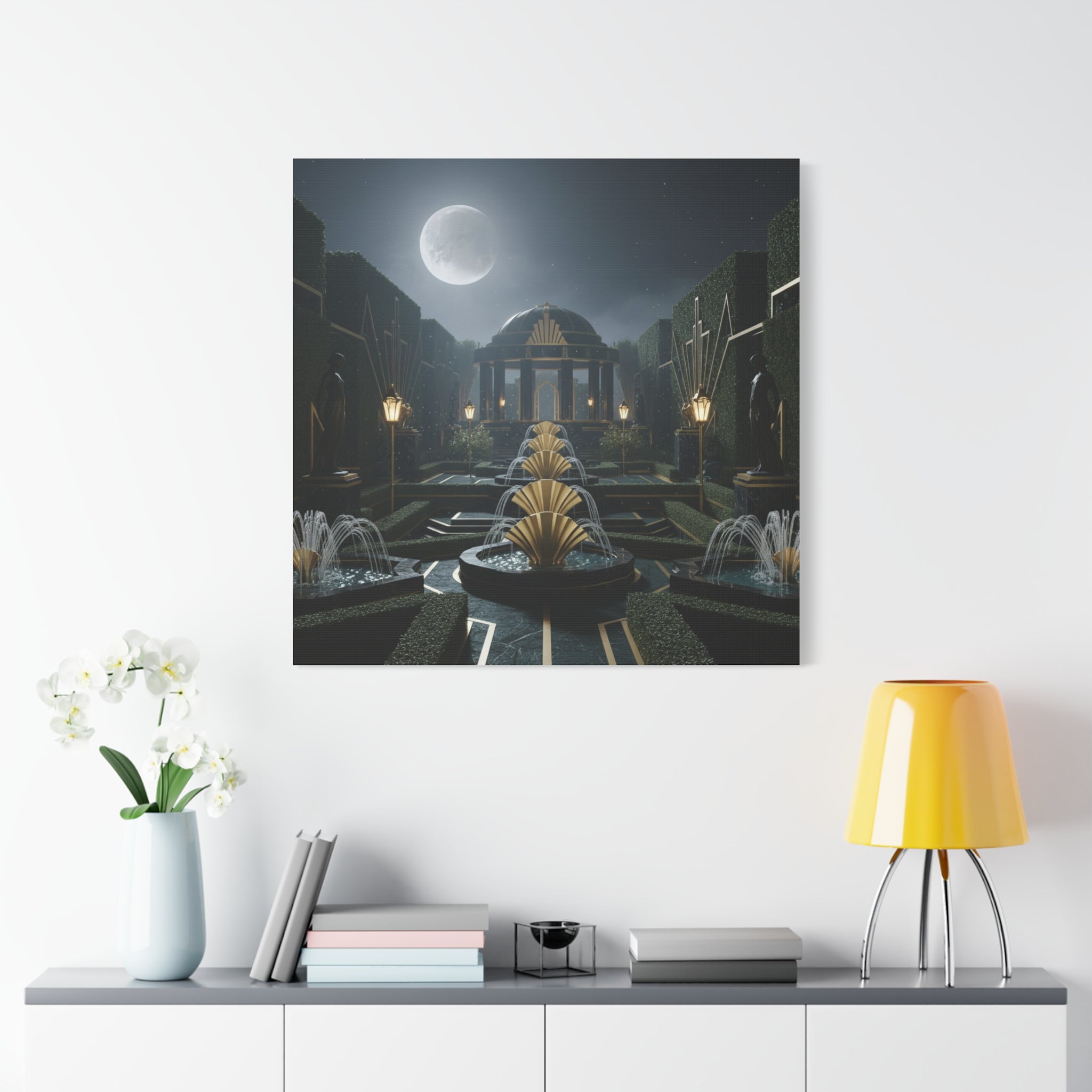 Nocturnal Pavilion: Art Deco Garden Symphony, Moonlit Architectural Dreamscape - L’Art Suprême Canvas