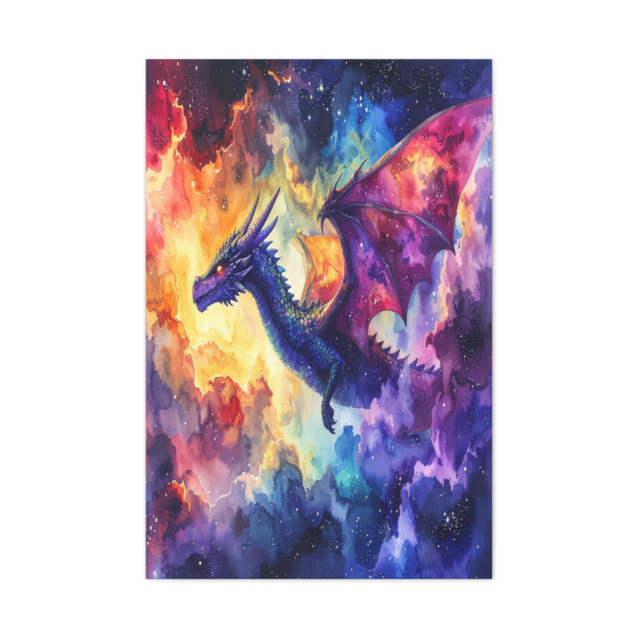 Cosmic Dragons' Ascent: Ethereal Watercolor Fantasy, Celestial Mythical Landscape - L’Art Suprême Canvas