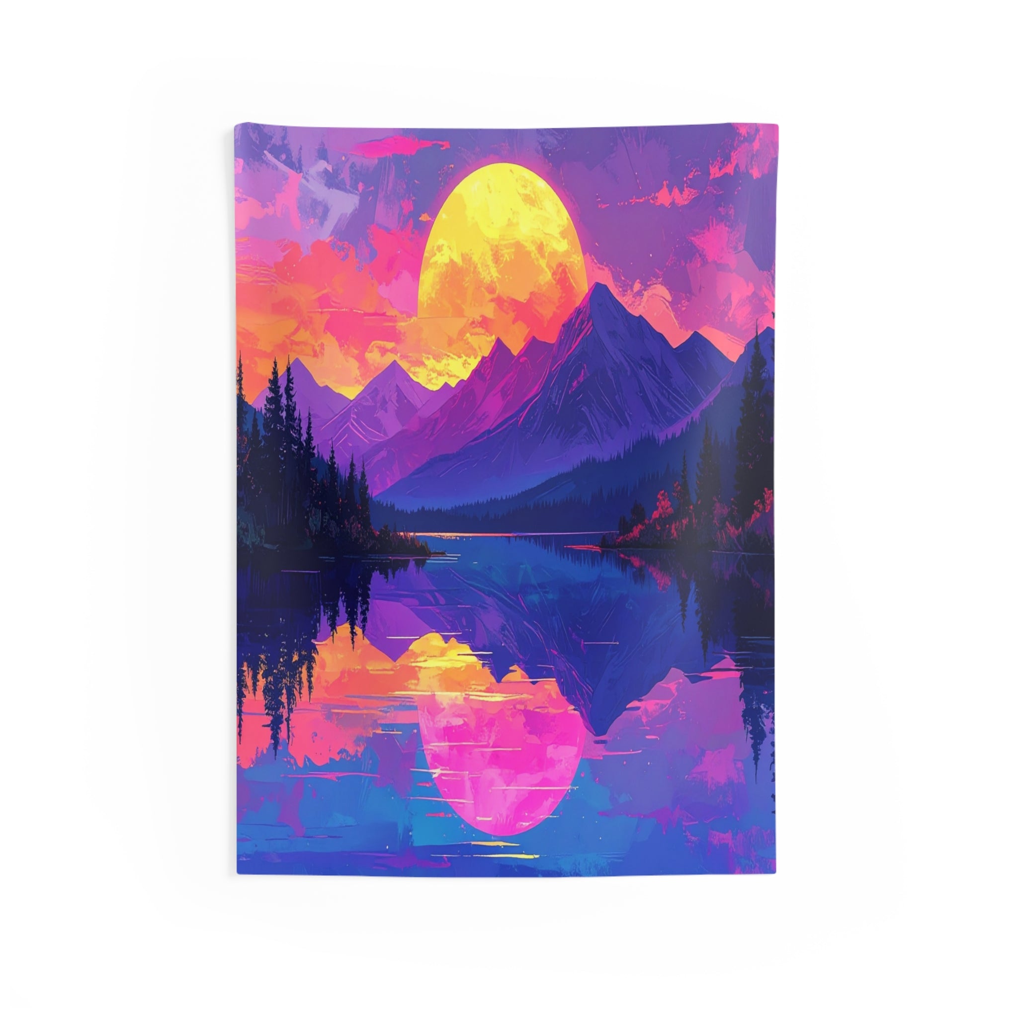 Sunset Symphony: Digital Mountain Dreamscape, Psychedelic Nature Illustration - L'Art Tapestry