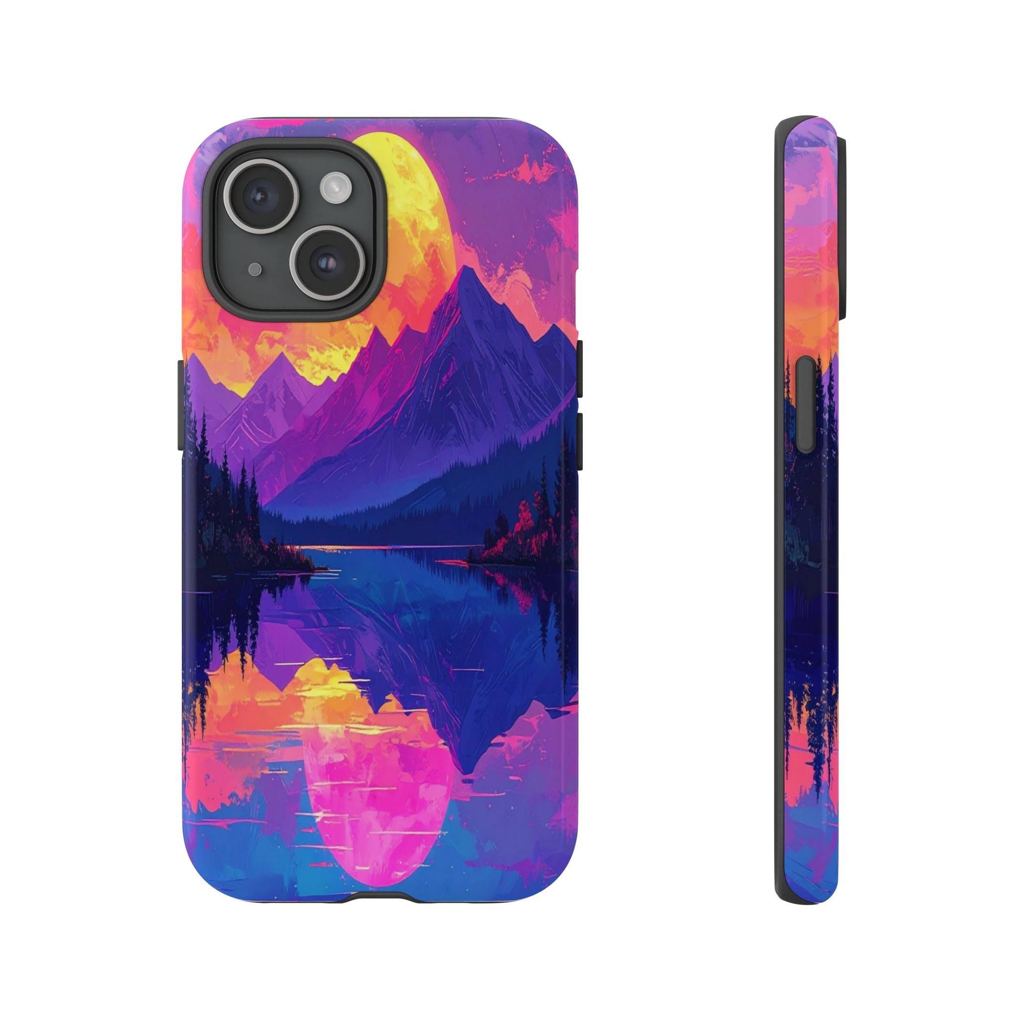 Twilight's Reflective Embrace: Mountain Synthwave Landscape, Digital Sunset Panorama - L’Art Suprême Phone Case