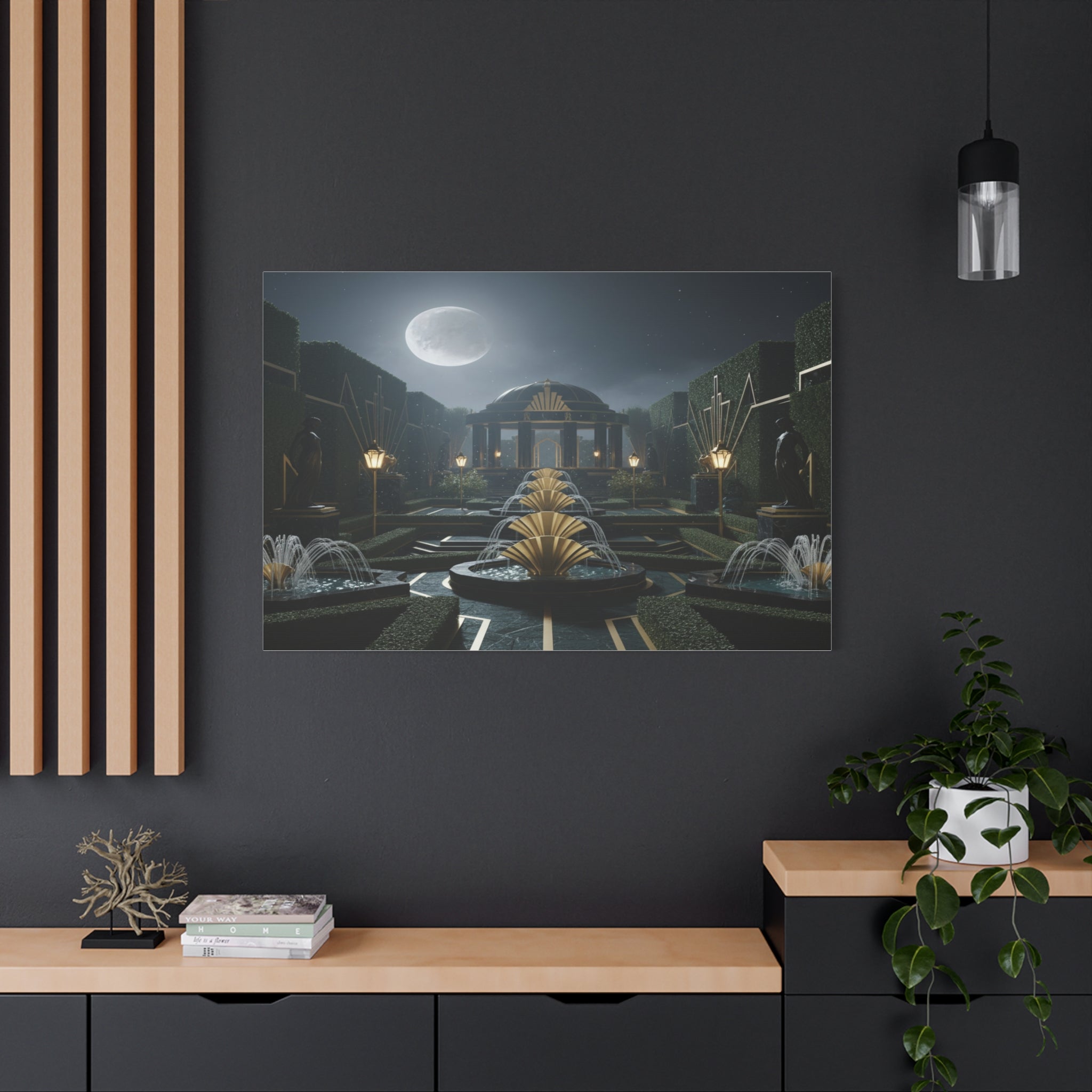 Nocturnal Pavilion: Art Deco Garden Symphony, Moonlit Architectural Dreamscape - L’Art Suprême Canvas