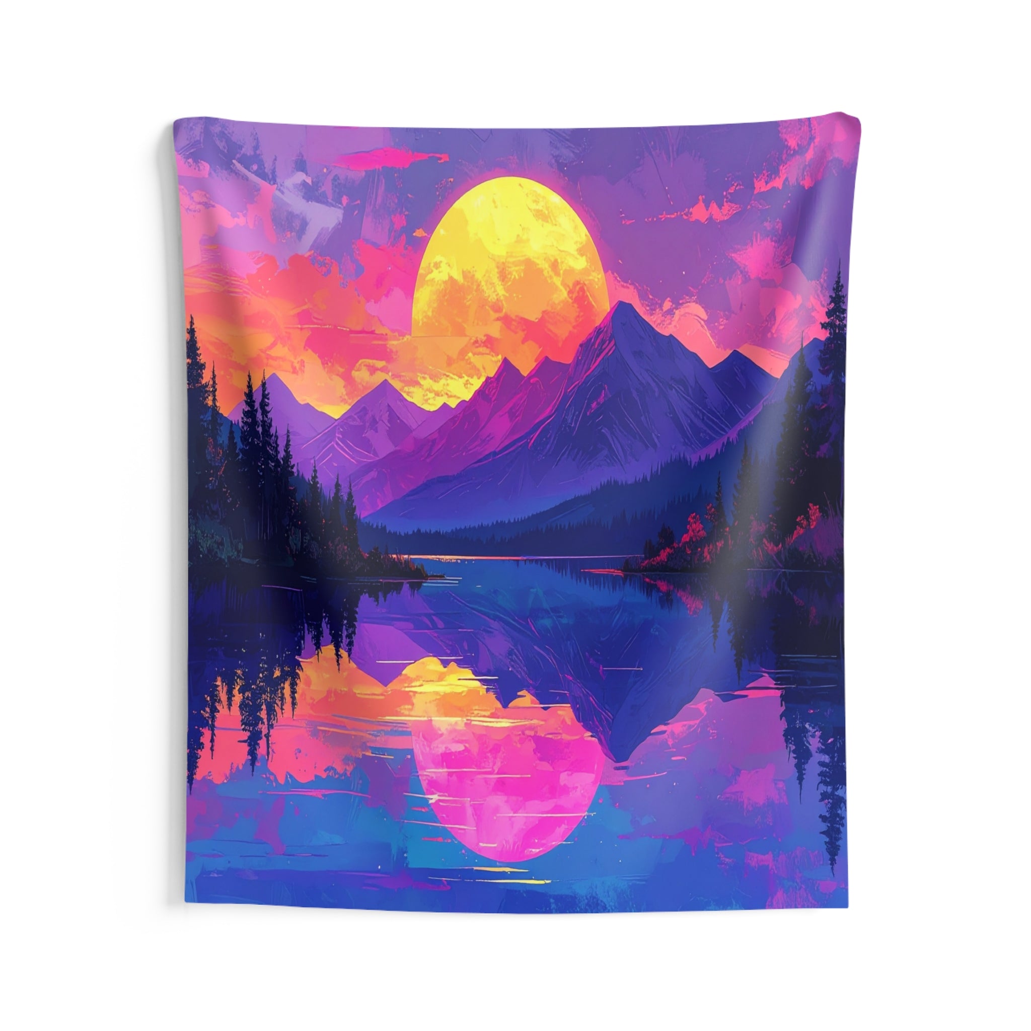 Sunset Symphony: Digital Mountain Dreamscape, Psychedelic Nature Illustration - L'Art Tapestry