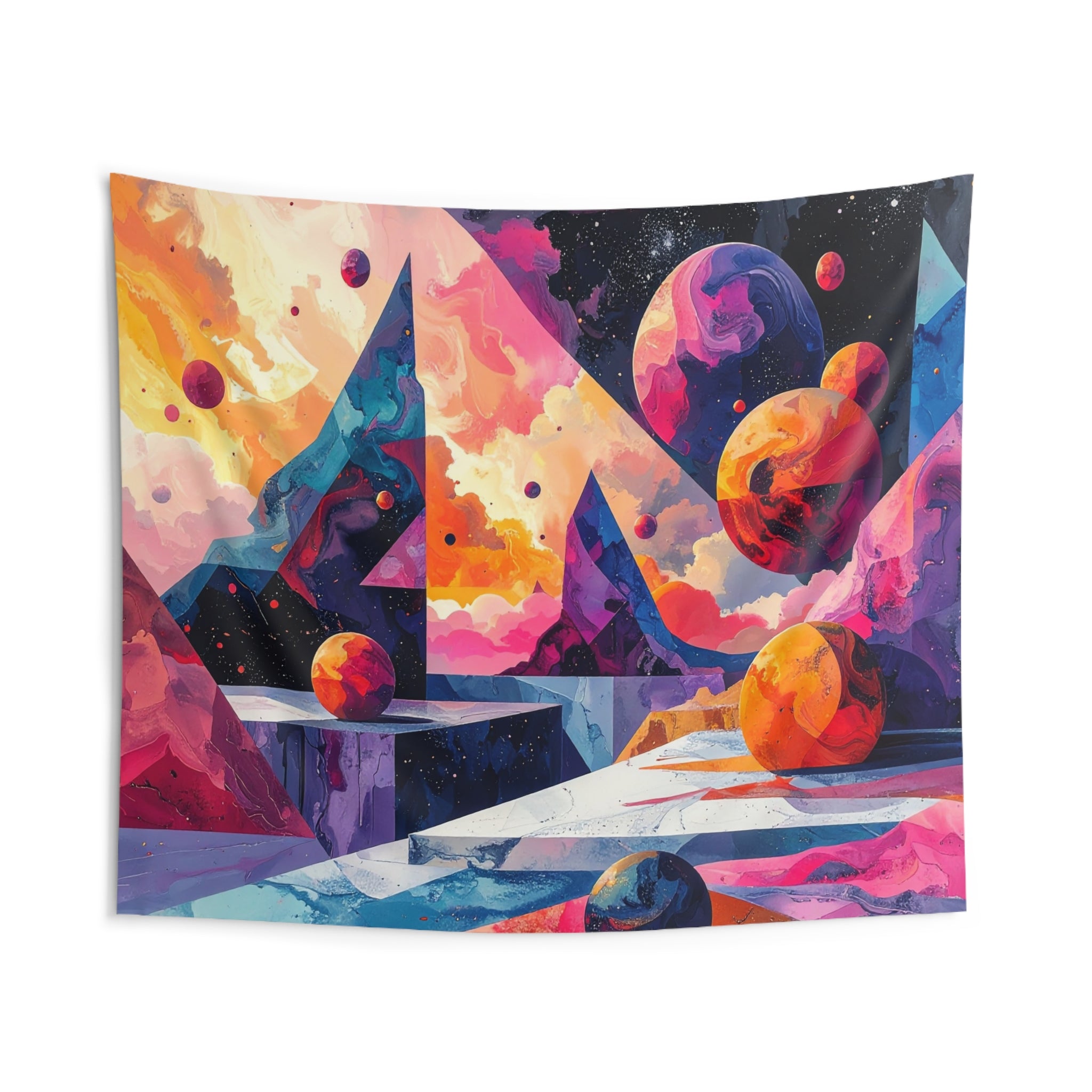 Cosmic Geometry: Planetary Dreamscape, Psychedelic Abstract Digital Art - L'Art Tapestry