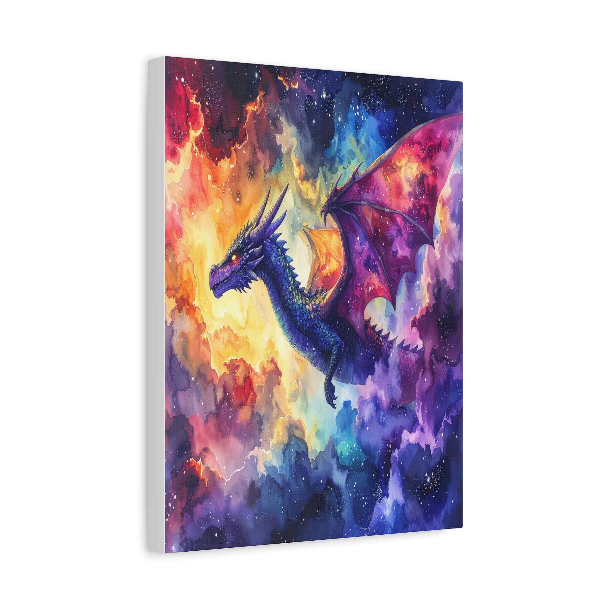 Cosmic Dragons' Ascent: Ethereal Watercolor Fantasy, Celestial Mythical Landscape - L’Art Suprême Canvas