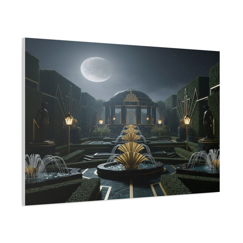 Nocturnal Pavilion: Art Deco Garden Symphony, Moonlit Architectural Dreamscape - L’Art Suprême Canvas
