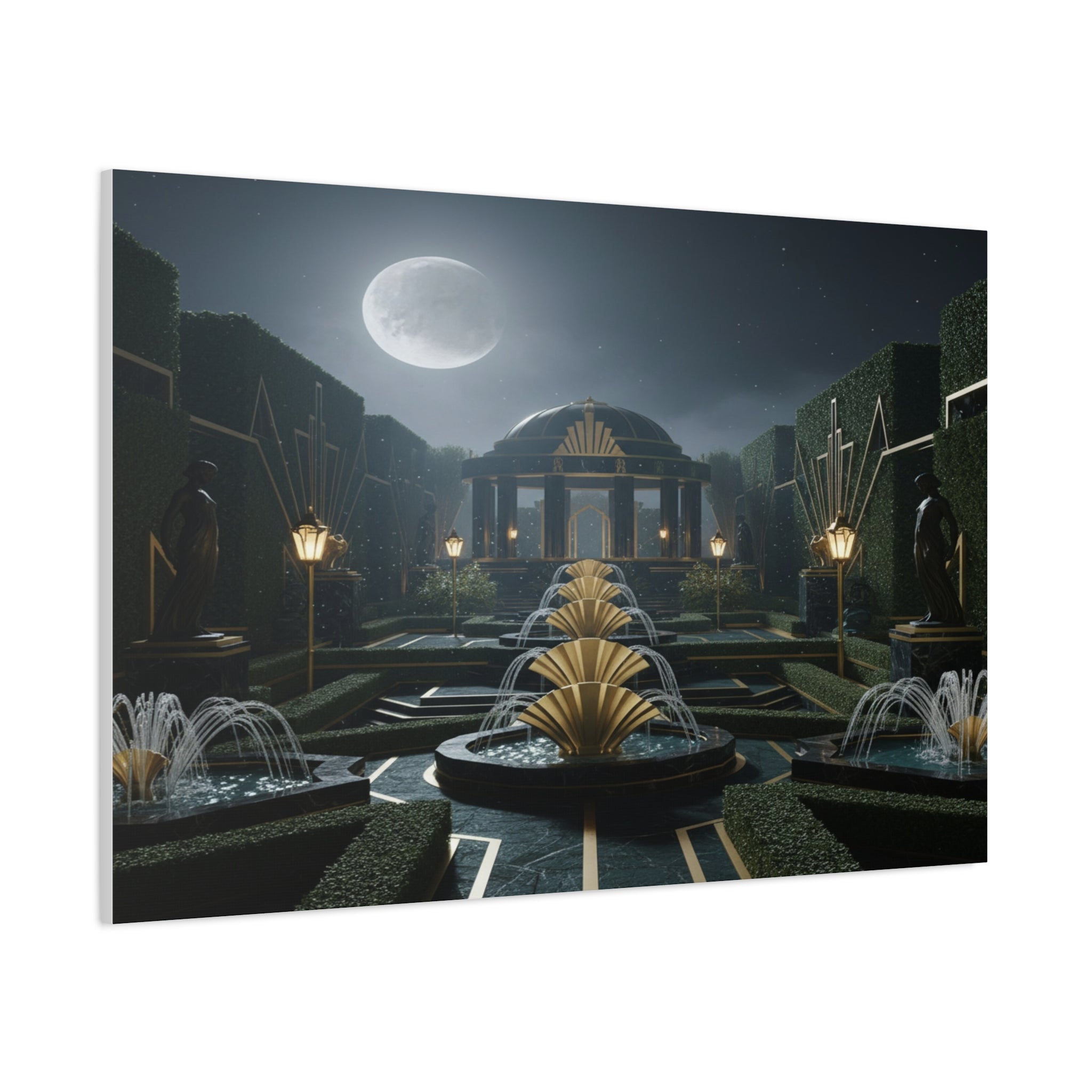 Nocturnal Pavilion: Art Deco Garden Symphony, Moonlit Architectural Dreamscape - L’Art Suprême Canvas