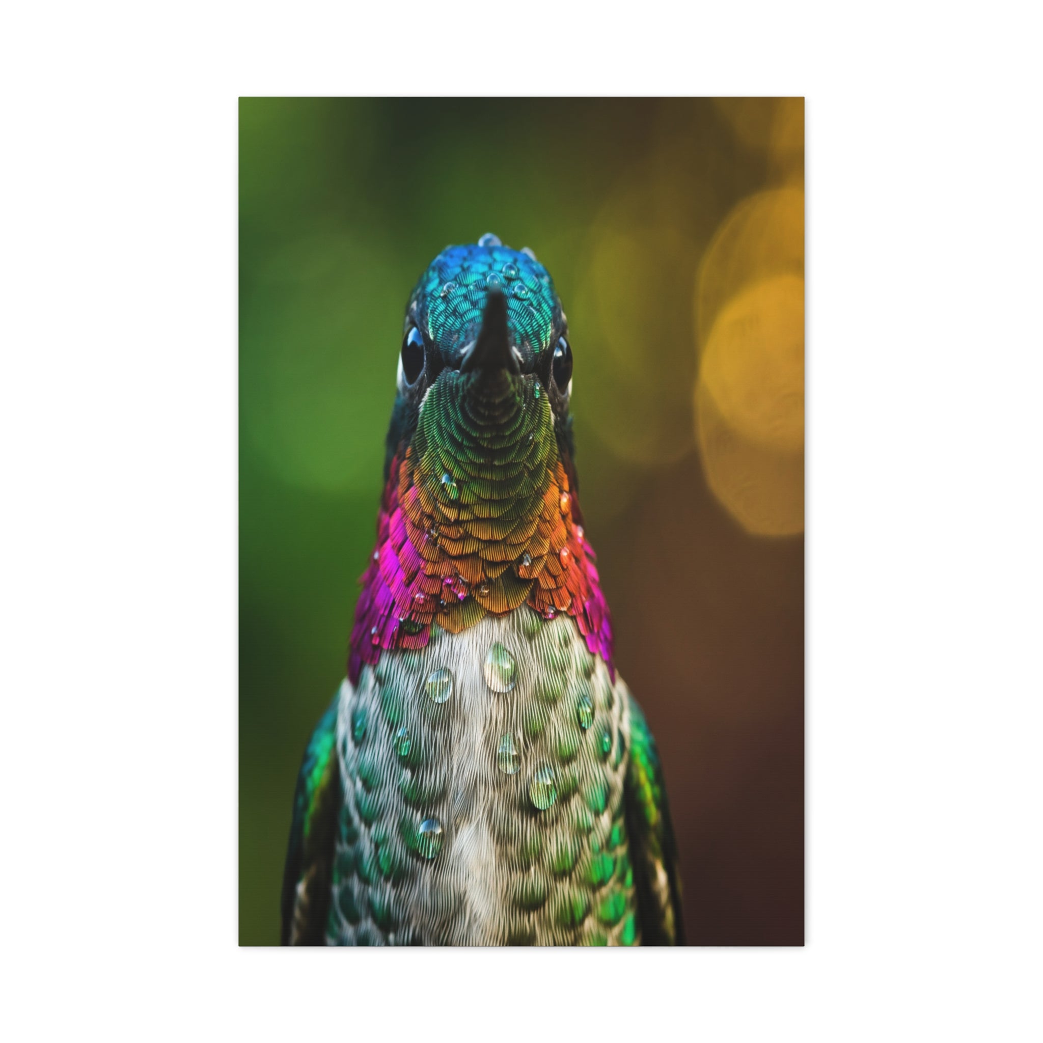 Iridescent Whispers: Hummingbird in Vibrant Plumage, Close-Up Nature Photography - L’Art Suprême Canvas