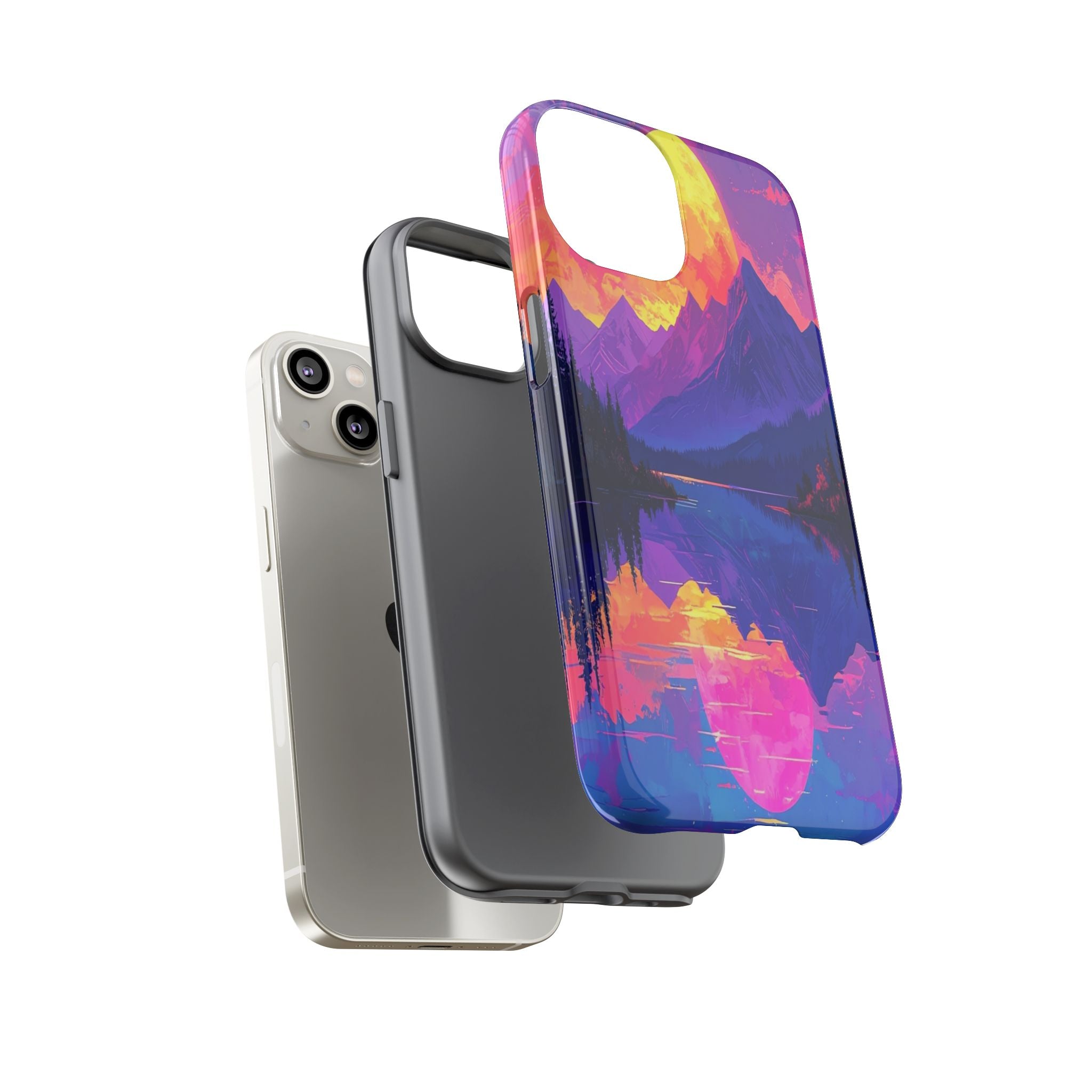 Twilight's Reflective Embrace: Mountain Synthwave Landscape, Digital Sunset Panorama - L’Art Suprême Phone Case
