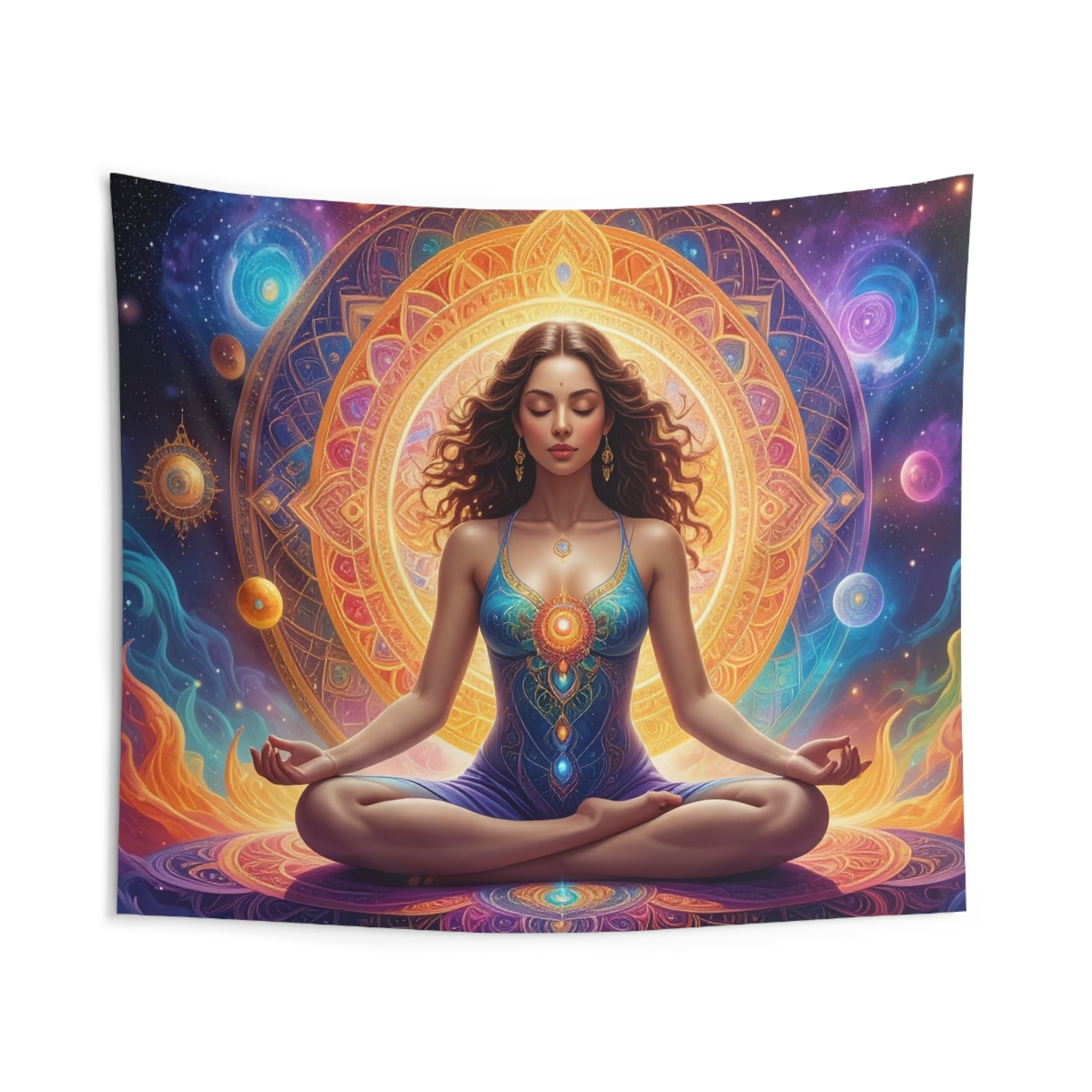 Cosmic Meditation: Ethereal Chakra Mandala, Spiritual Digital Art Transformation - L'Art Tapestry