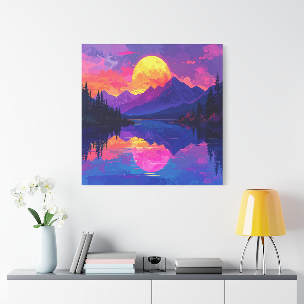 Twilight Symmetry: Neon Mountain Landscape, Vaporwave Digital Art - L’Art Suprême Canvas