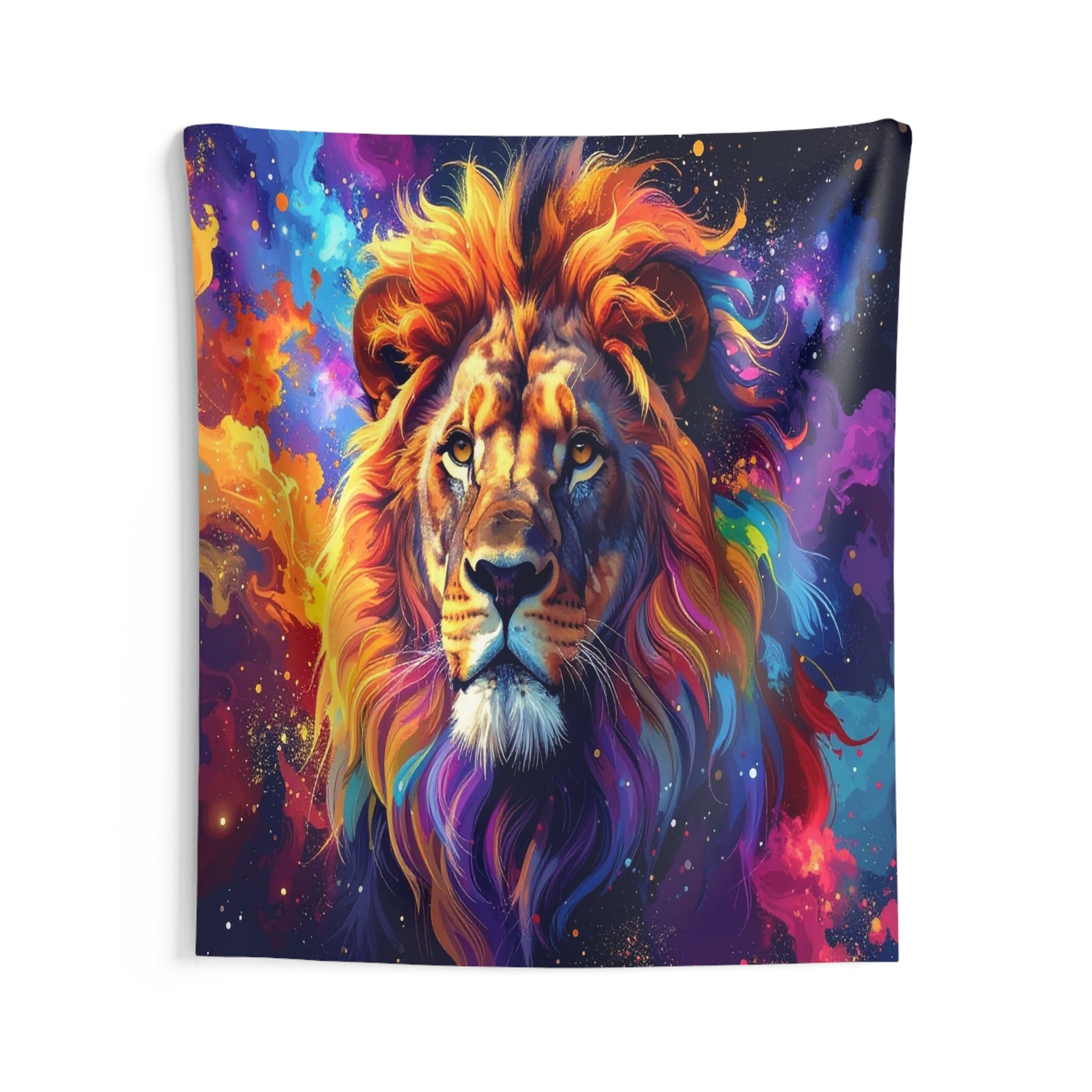 Cosmic Mane: Celestial Lion Portrait, Digital Cosmic Art, Vibrant Color Explosion - L'Art Tapestry