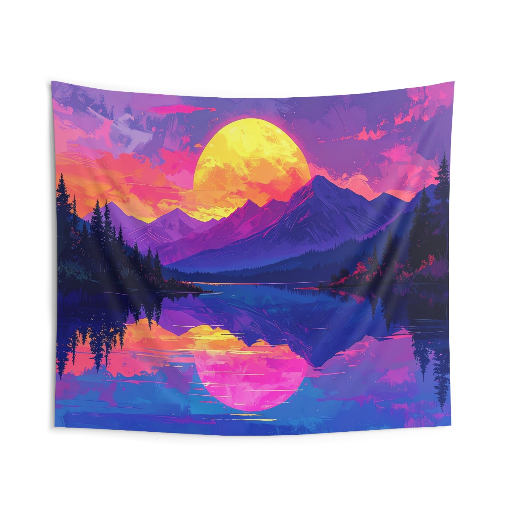 Sunset Symphony: Digital Mountain Dreamscape, Psychedelic Nature Illustration - L'Art Tapestry