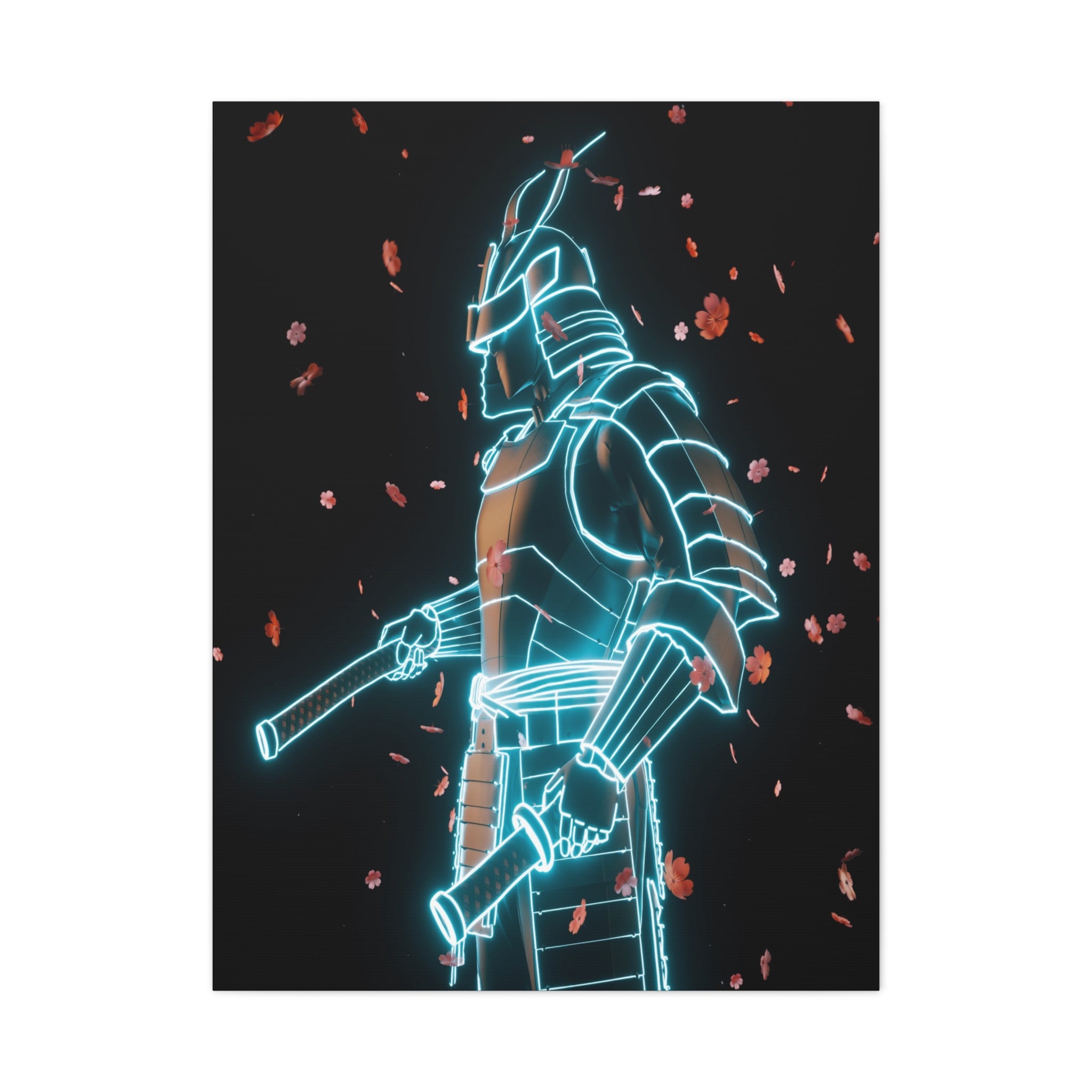 Neon Samurai: Digital Warrior, Cyberpunk Fusion, Glowing Wireframe Armor - L’Art Suprême Canvas