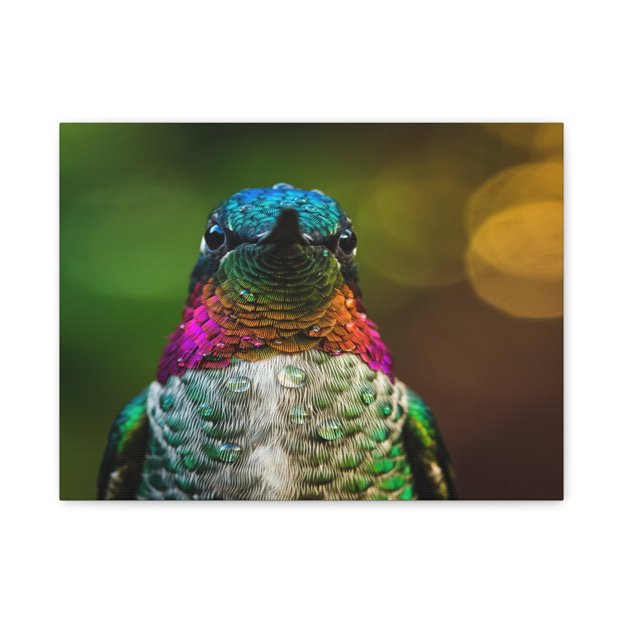 Iridescent Whispers: Hummingbird in Vibrant Plumage, Close-Up Nature Photography - L’Art Suprême Canvas