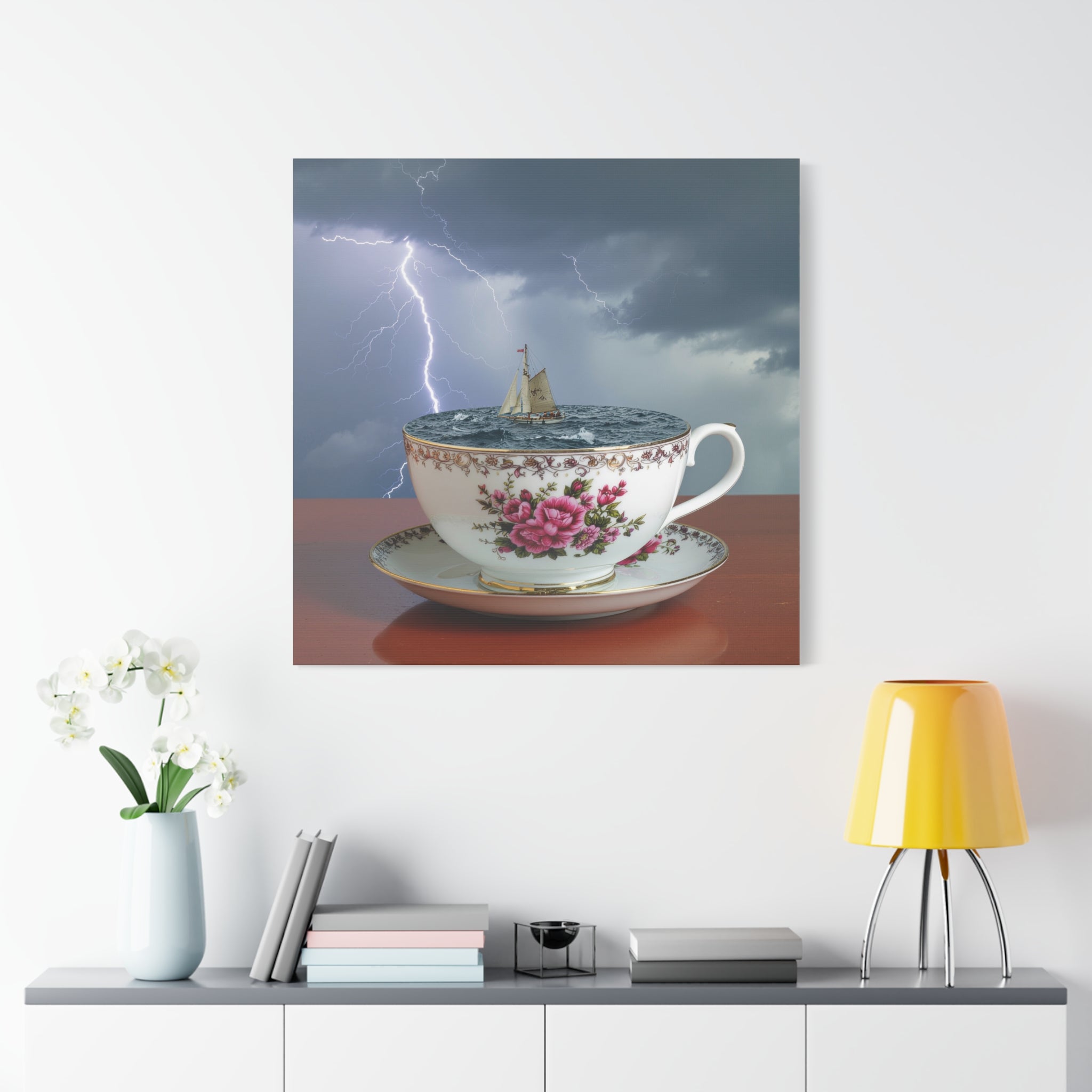 Tempest in a Teacup: Surreal Maritime Digital Art, Porcelain Seascape Narrative - L’Art Suprême Canvas