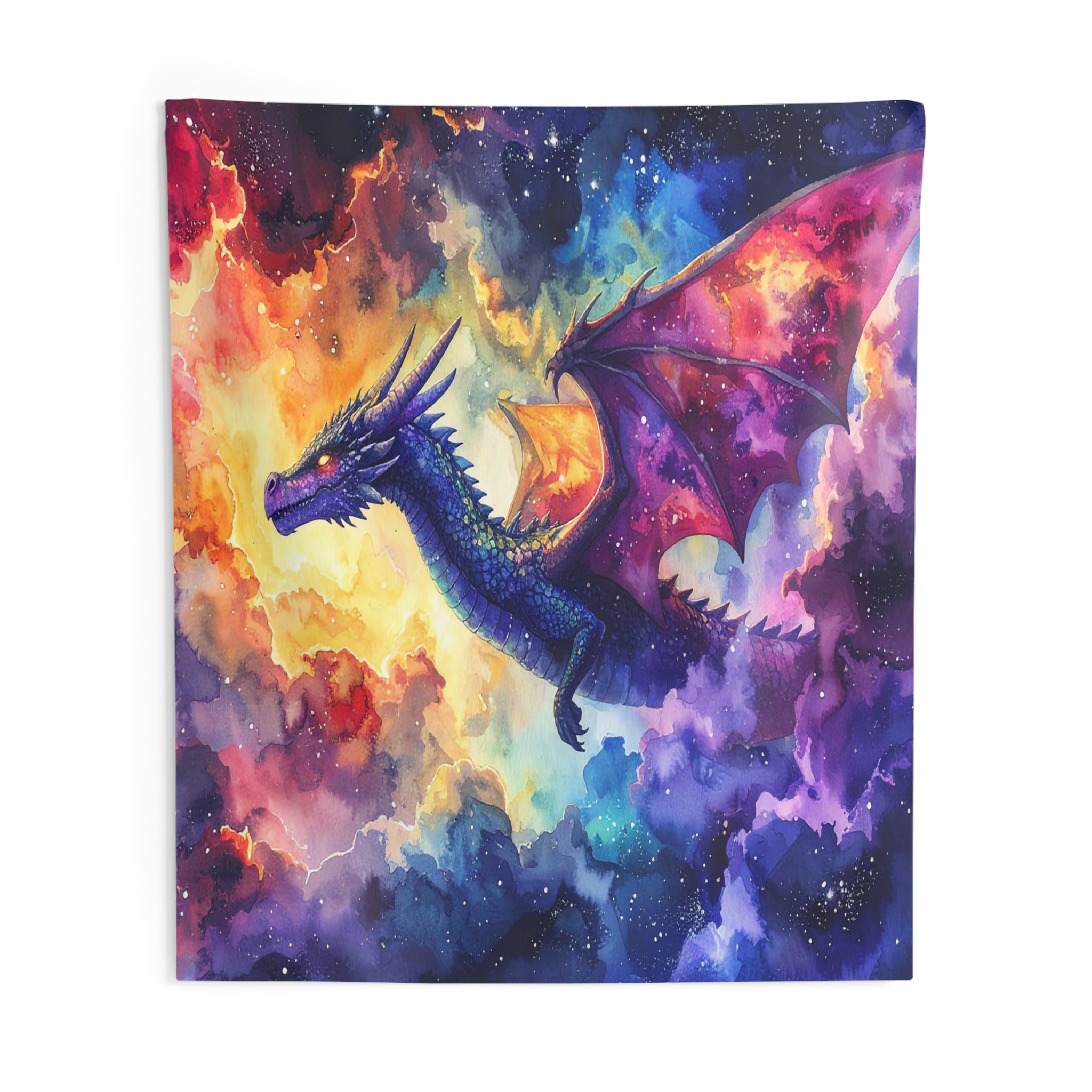 Celestial Dragonscape: Cosmic Fantasy Watercolor, Mythical Realm Panorama - L'Art Tapestry
