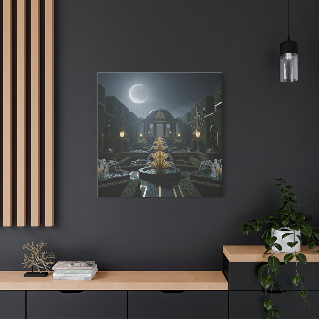 Nocturnal Pavilion: Art Deco Garden Symphony, Moonlit Architectural Dreamscape - L’Art Suprême Canvas