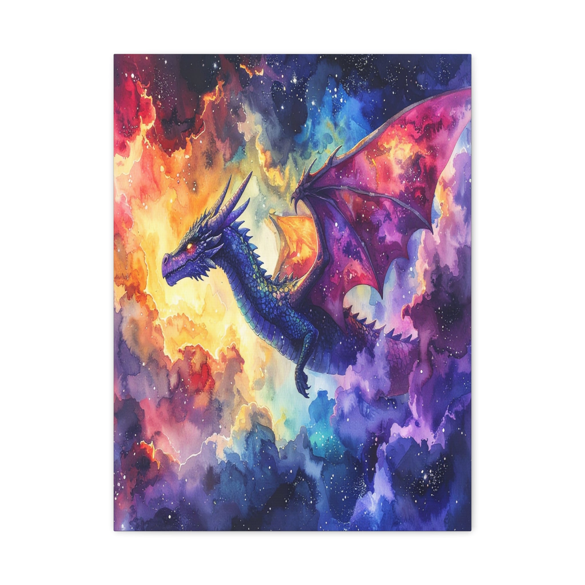 Cosmic Dragons' Ascent: Ethereal Watercolor Fantasy, Celestial Mythical Landscape - L’Art Suprême Canvas