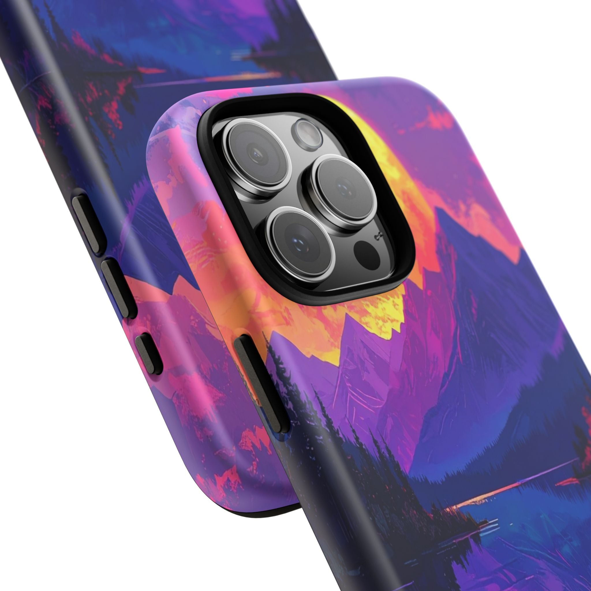 Twilight's Reflective Embrace: Mountain Synthwave Landscape, Digital Sunset Panorama - L’Art Suprême Phone Case