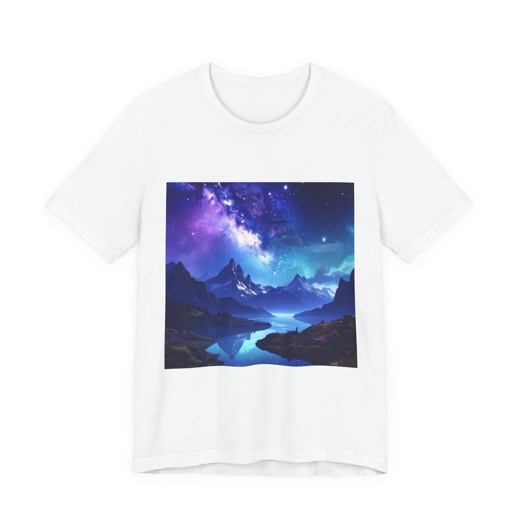 Cosmic Reflections: Celestial Mountain Landscape, Milky Way Digital Art - Luxe Art Tee
