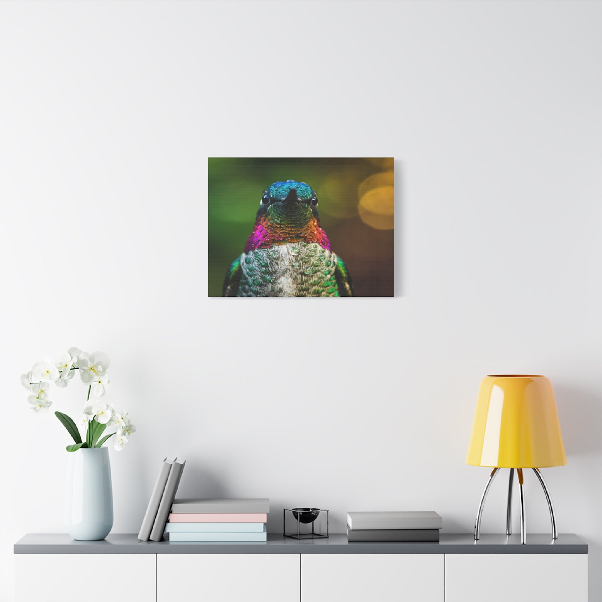 Iridescent Whispers: Hummingbird in Vibrant Plumage, Close-Up Nature Photography - L’Art Suprême Canvas
