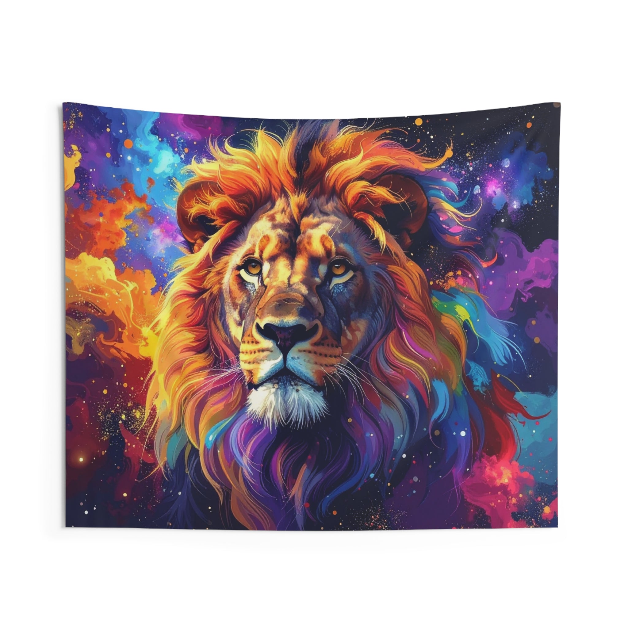 Cosmic Mane: Celestial Lion Portrait, Digital Cosmic Art, Vibrant Color Explosion - L'Art Tapestry