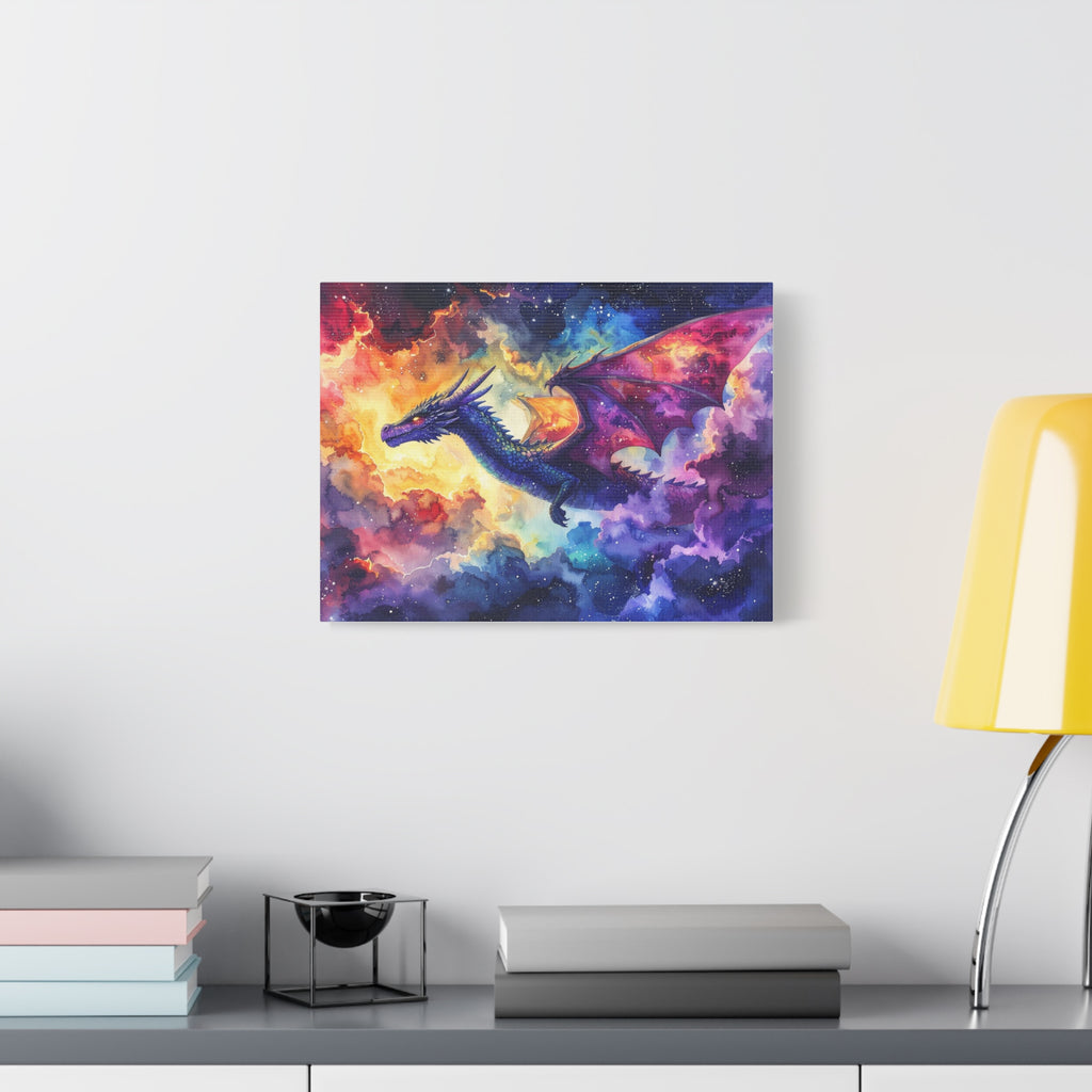 Cosmic Dragons' Ascent: Ethereal Watercolor Fantasy, Celestial Mythical Landscape - L’Art Suprême Canvas