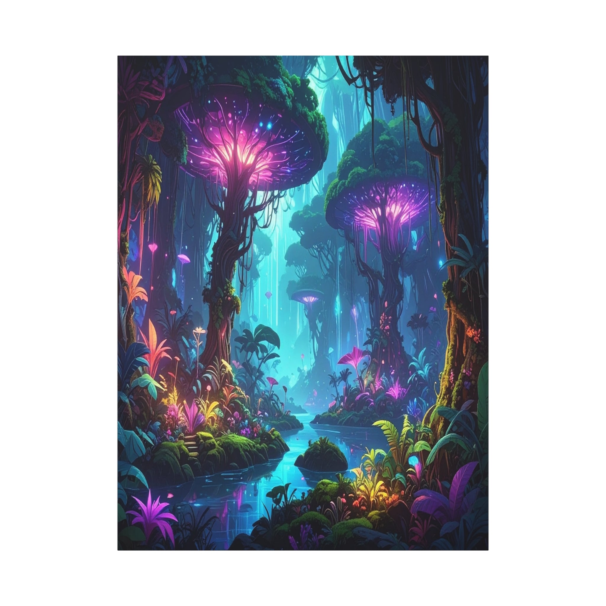 Luminescent Realms: Bioluminescent Forest Fantasy, Digital Art Dreamscape - L’Art Suprême Canvas