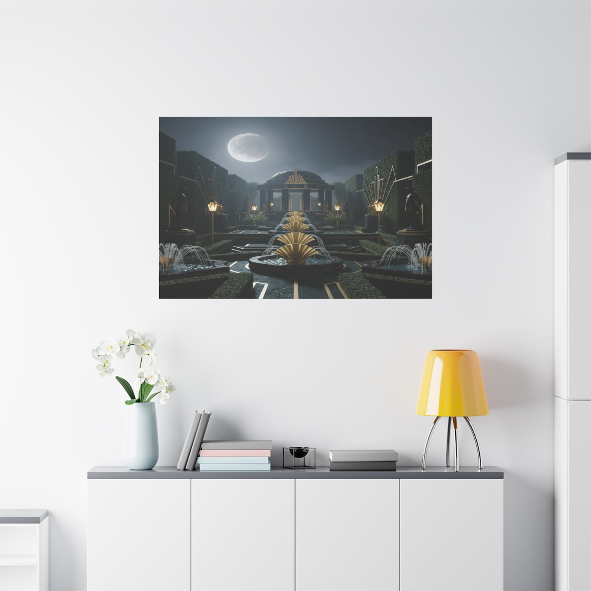 Nocturnal Pavilion: Art Deco Garden Symphony, Moonlit Architectural Dreamscape - L’Art Suprême Canvas