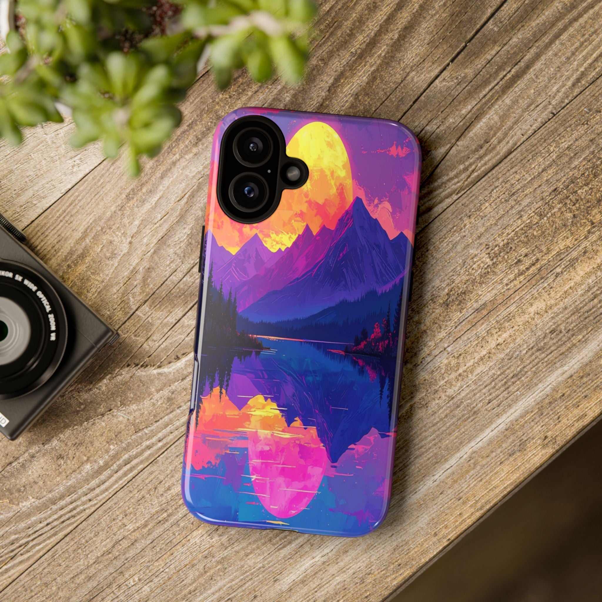 Twilight's Reflective Embrace: Mountain Synthwave Landscape, Digital Sunset Panorama - L’Art Suprême Phone Case