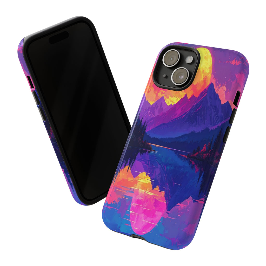 Twilight's Reflective Embrace: Mountain Synthwave Landscape, Digital Sunset Panorama - L’Art Suprême Phone Case