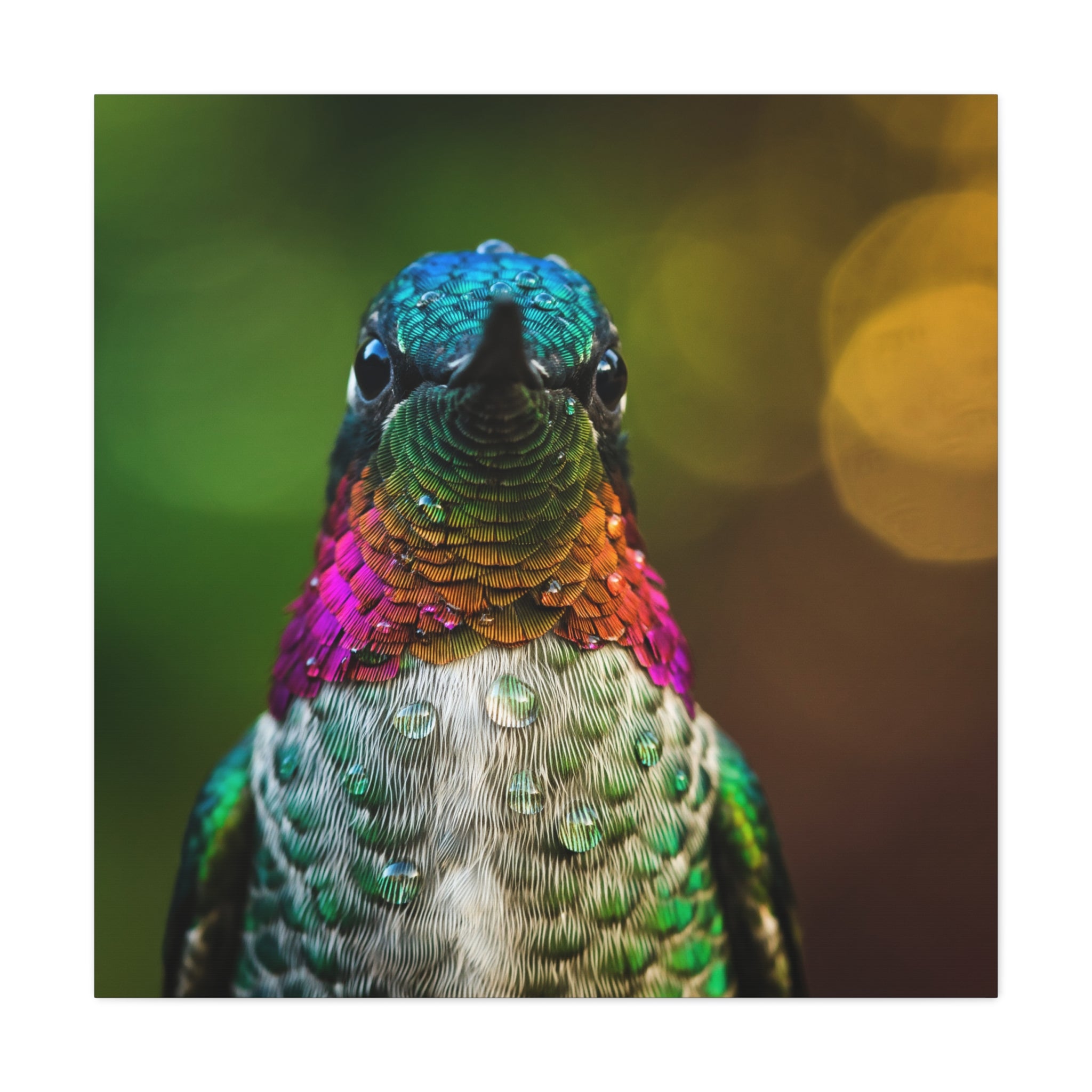 Iridescent Whispers: Hummingbird in Vibrant Plumage, Close-Up Nature Photography - L’Art Suprême Canvas