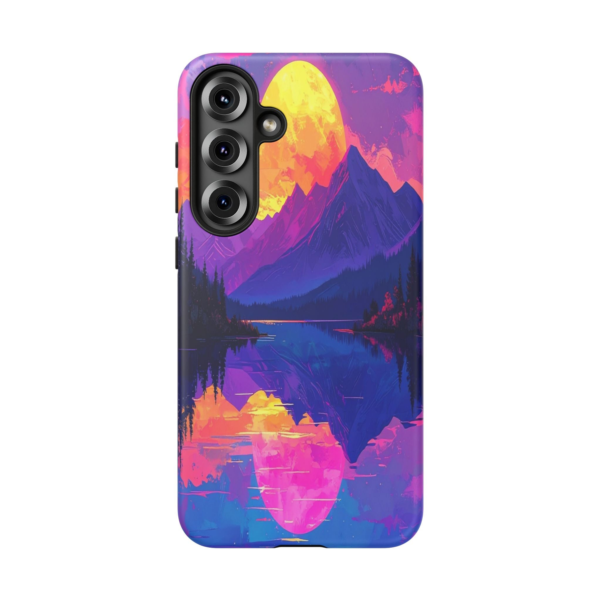 Twilight's Reflective Embrace: Mountain Synthwave Landscape, Digital Sunset Panorama - L’Art Suprême Phone Case