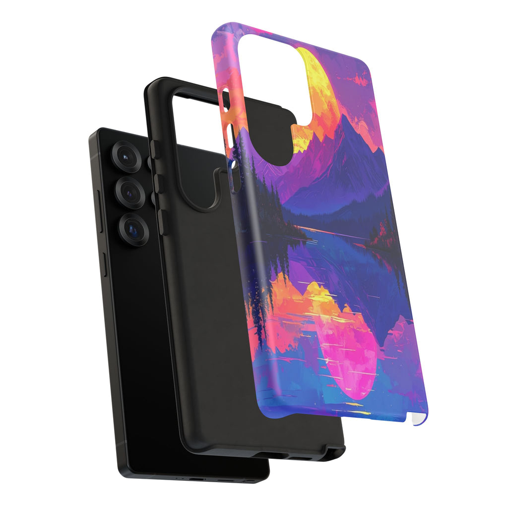 Twilight's Reflective Embrace: Mountain Synthwave Landscape, Digital Sunset Panorama - L’Art Suprême Phone Case