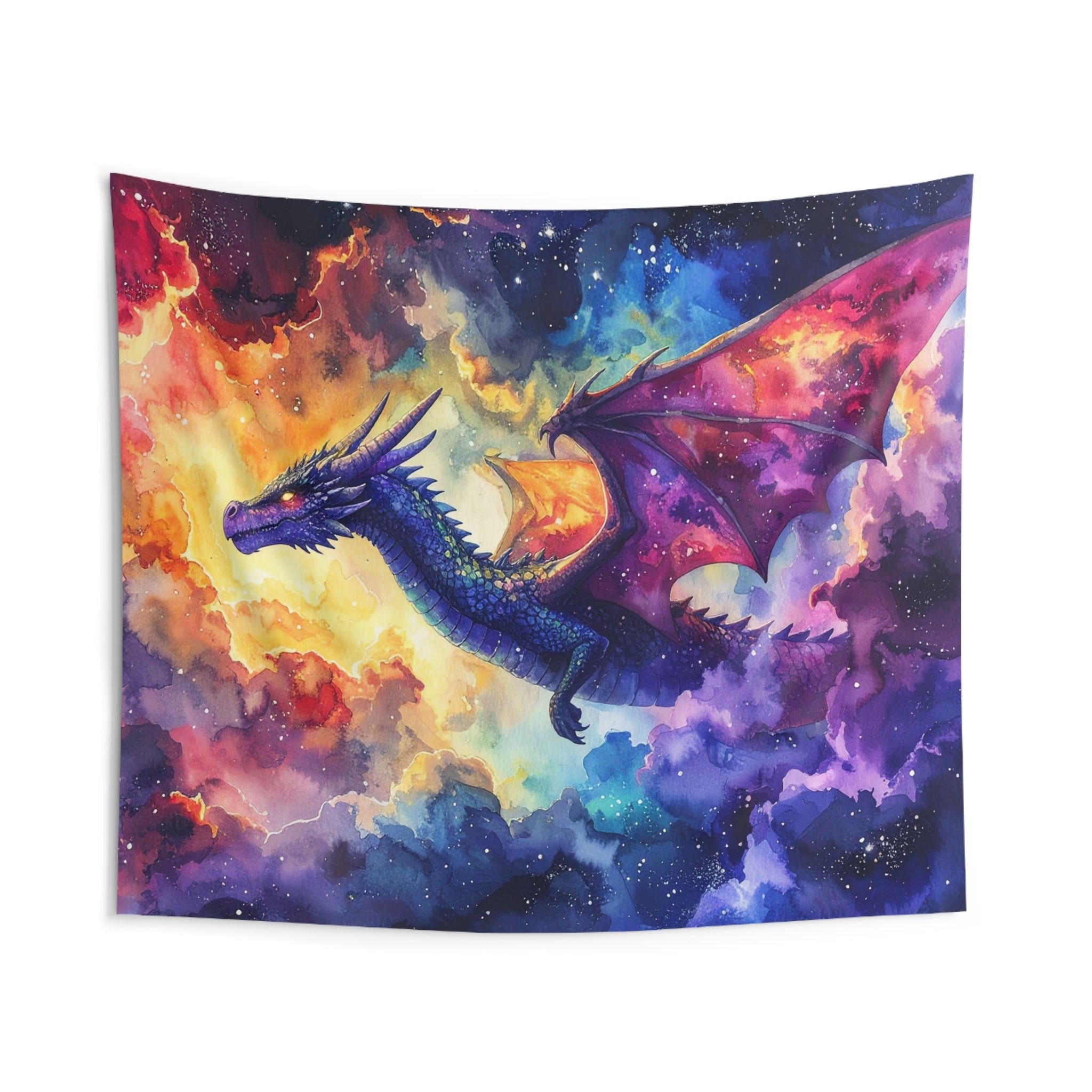 Celestial Dragonscape: Cosmic Fantasy Watercolor, Mythical Realm Panorama - L'Art Tapestry