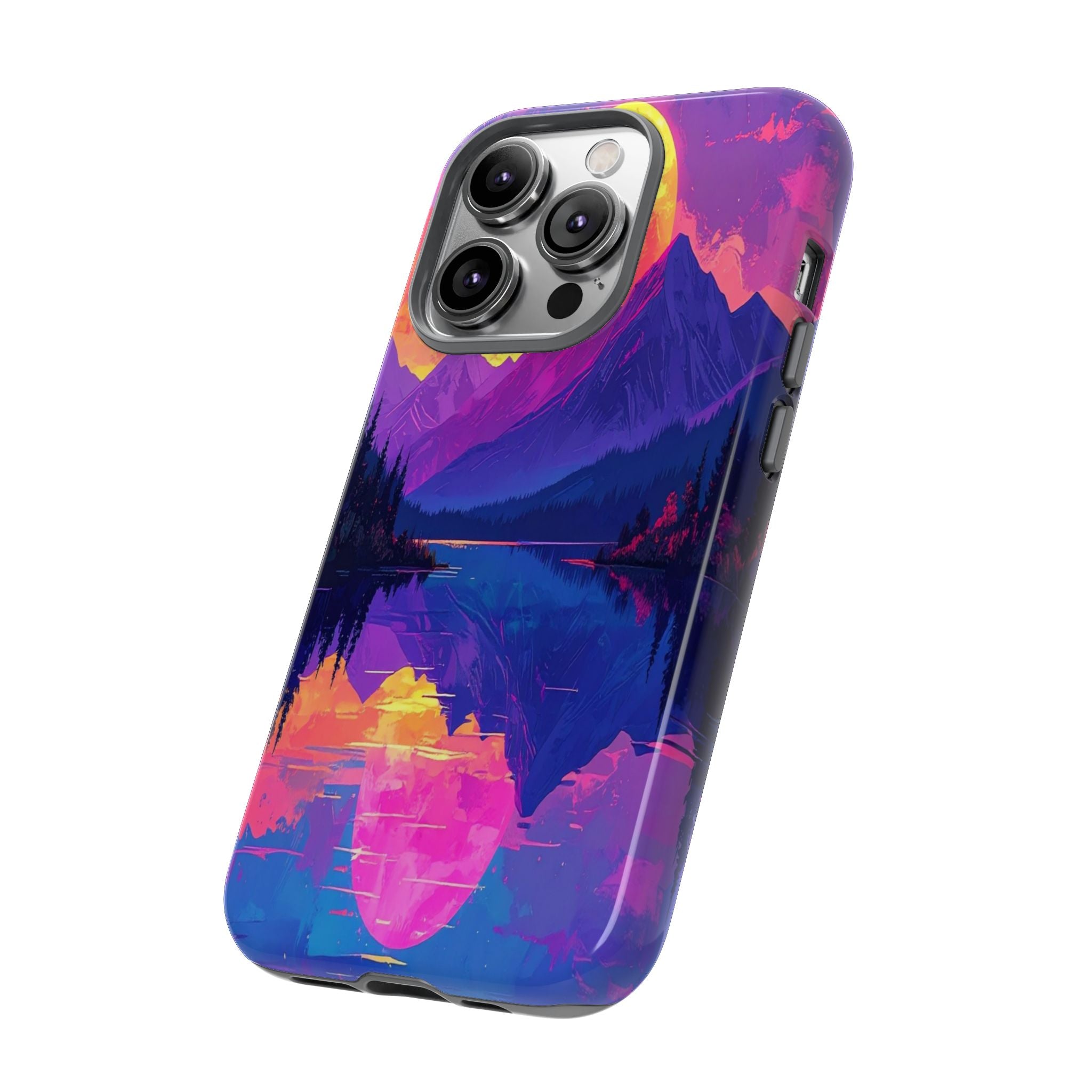Twilight's Reflective Embrace: Mountain Synthwave Landscape, Digital Sunset Panorama - L’Art Suprême Phone Case