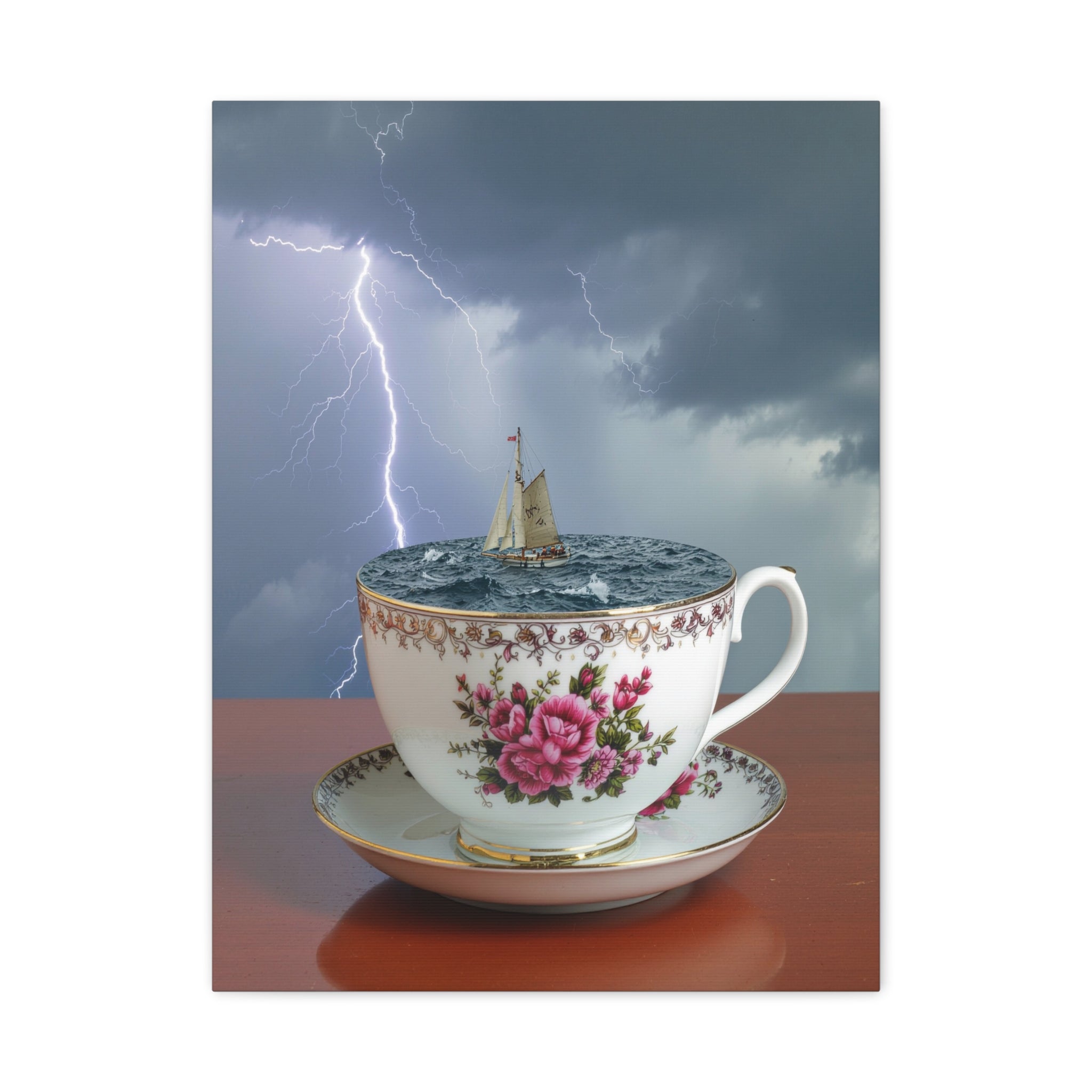Tempest in a Teacup: Surreal Maritime Digital Art, Porcelain Seascape Narrative - L’Art Suprême Canvas