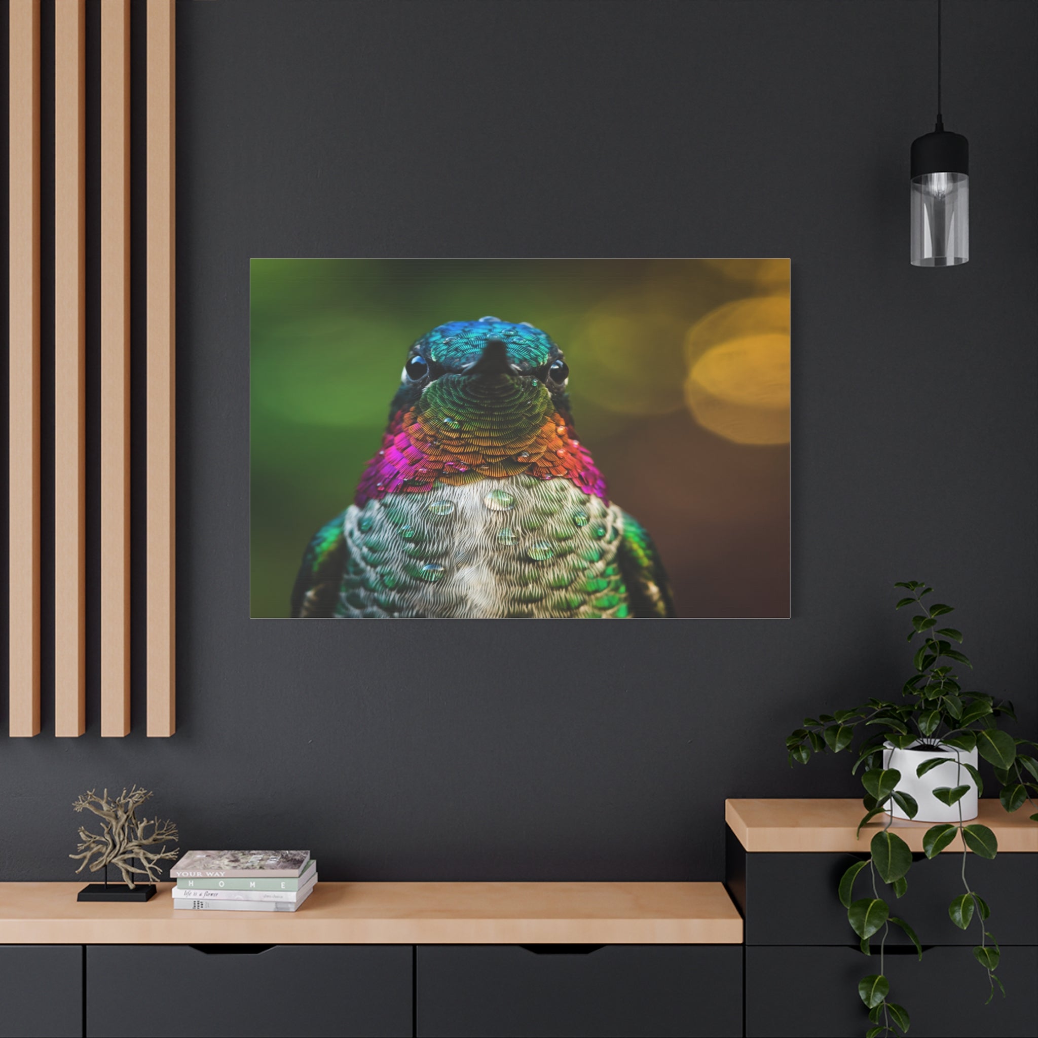 Iridescent Whispers: Hummingbird in Vibrant Plumage, Close-Up Nature Photography - L’Art Suprême Canvas