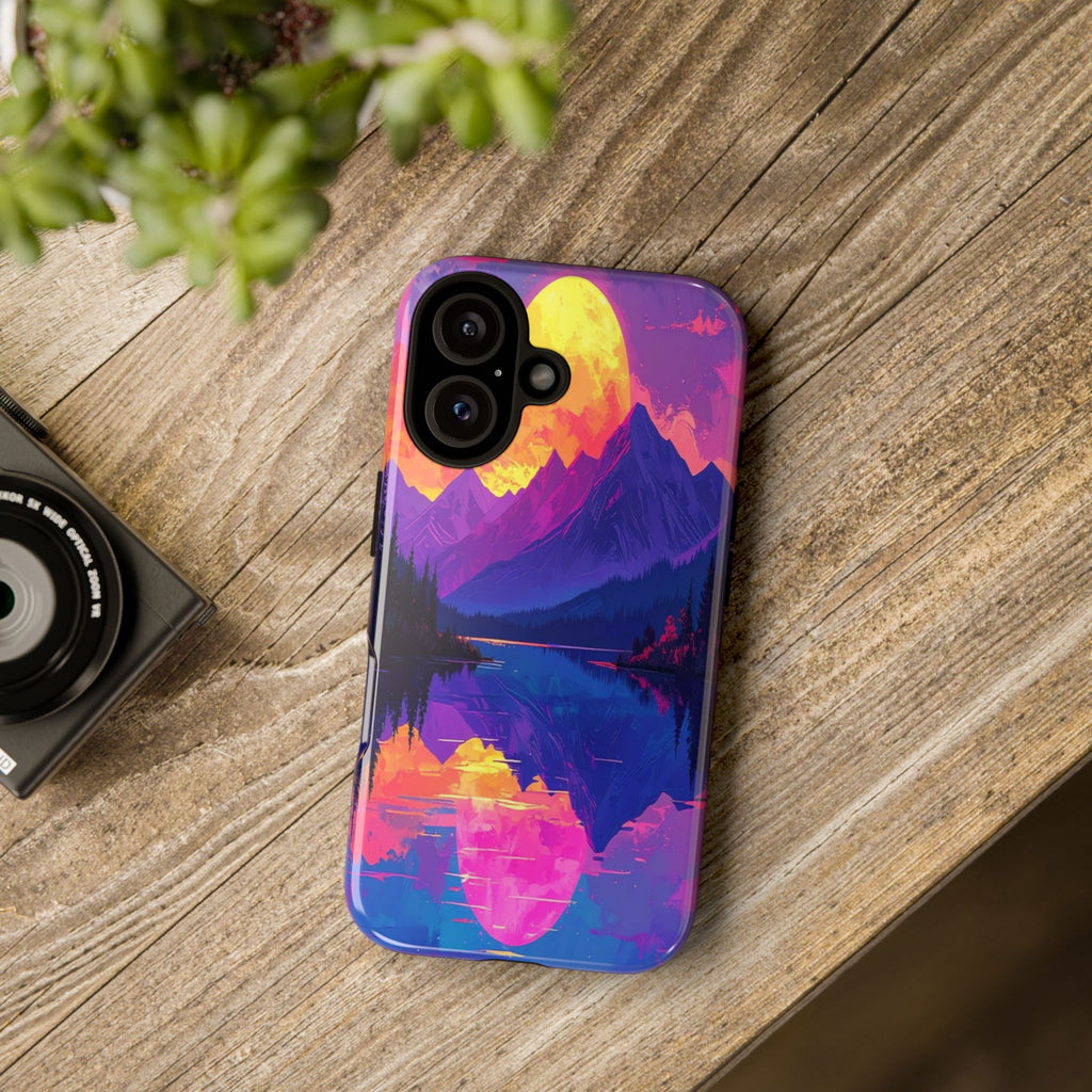 Twilight's Reflective Embrace: Mountain Synthwave Landscape, Digital Sunset Panorama - L’Art Suprême Phone Case