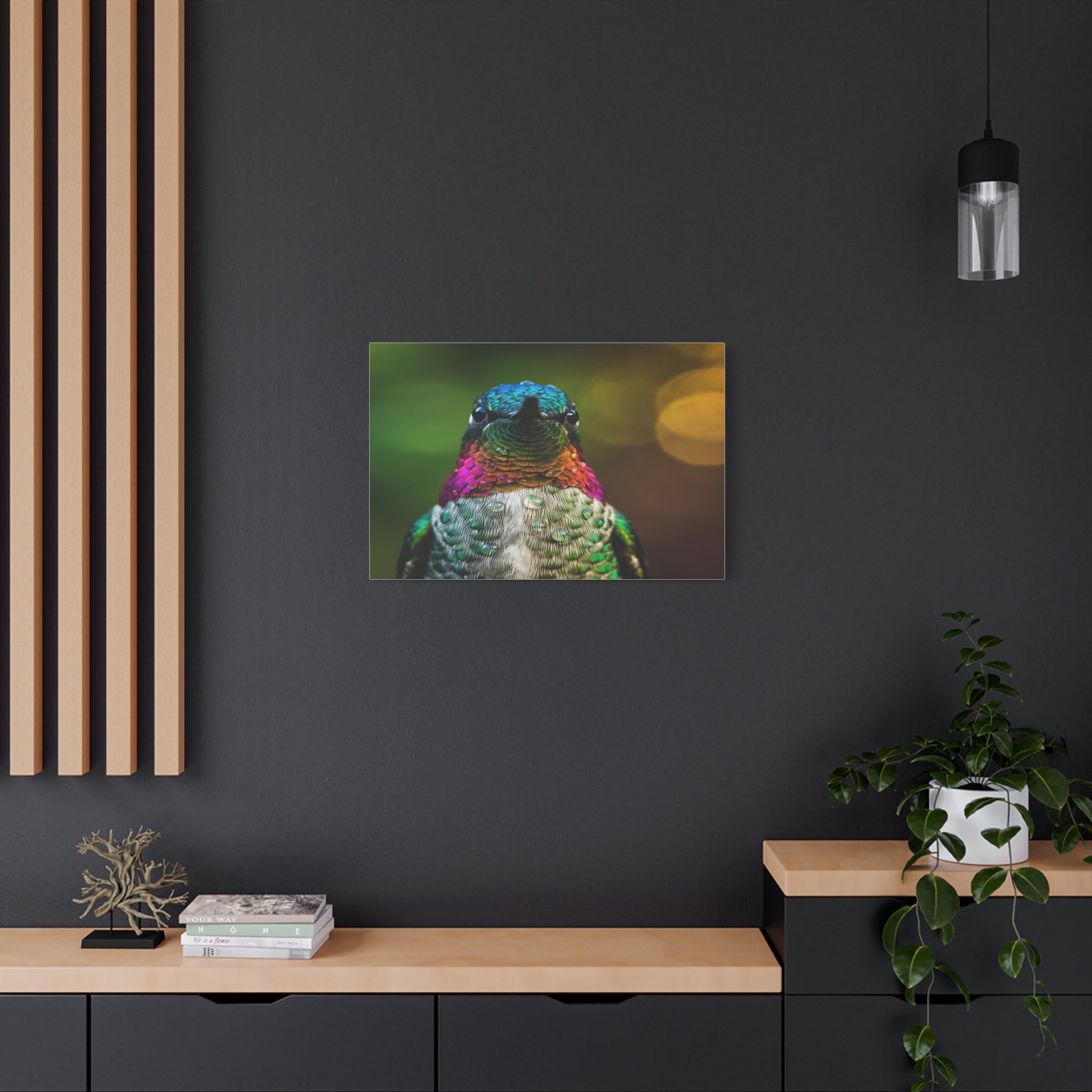 Iridescent Whispers: Hummingbird in Vibrant Plumage, Close-Up Nature Photography - L’Art Suprême Canvas