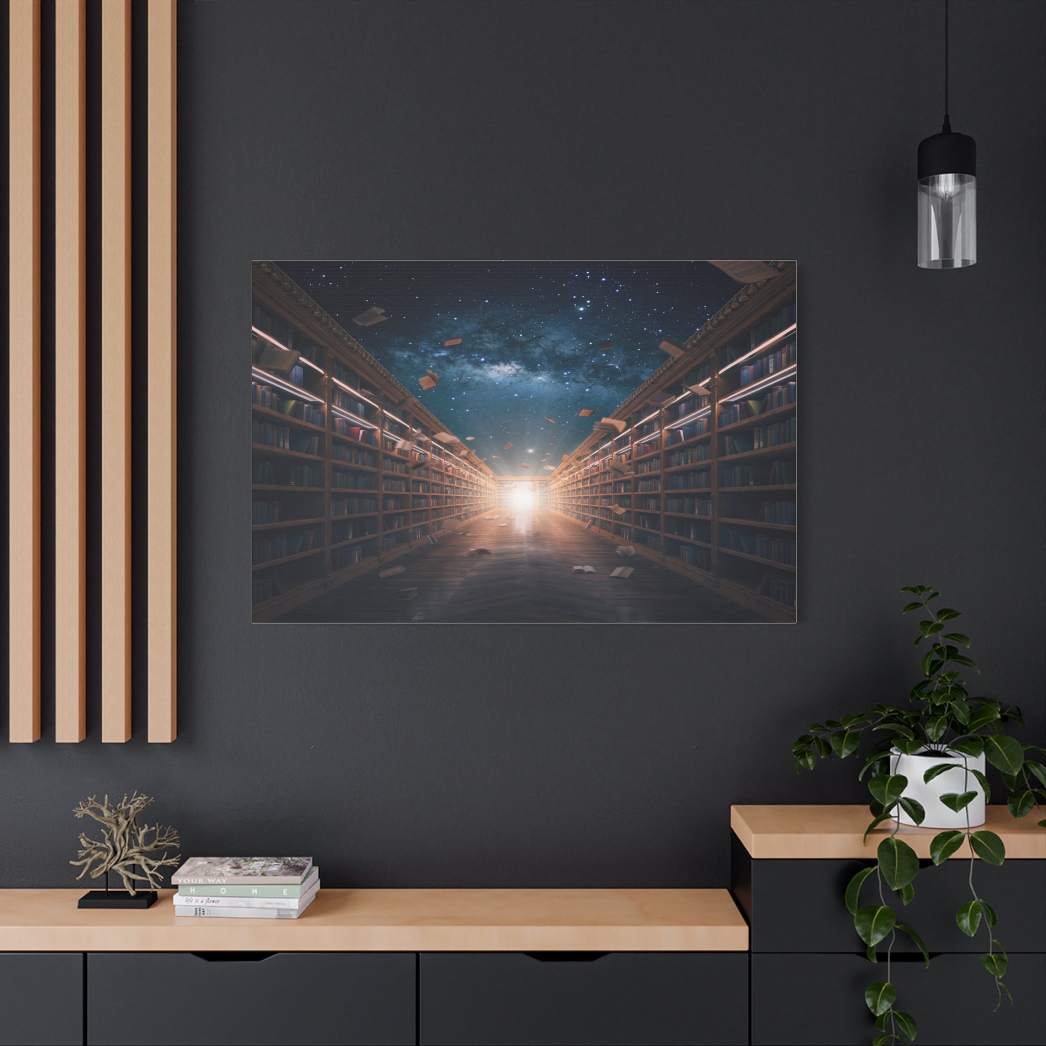 Celestial Library of Infinite Knowledge: Dreamscape Corridor, Cosmic Bibliophile's Journey - L’Art Suprême Canvas