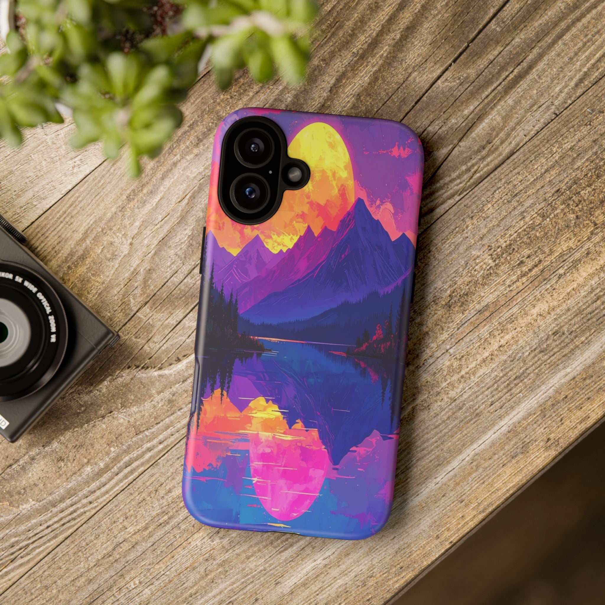 Twilight's Reflective Embrace: Mountain Synthwave Landscape, Digital Sunset Panorama - L’Art Suprême Phone Case