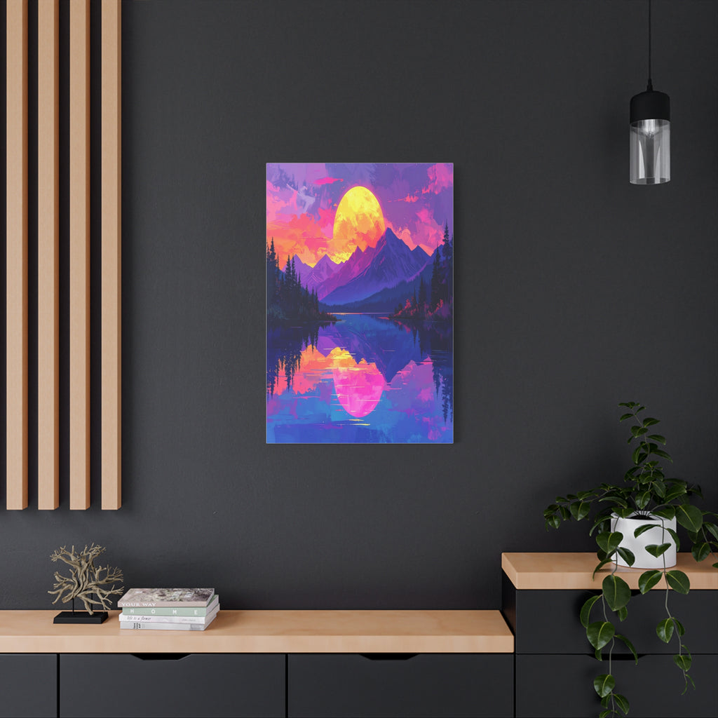 Twilight Symmetry: Neon Mountain Landscape, Vaporwave Digital Art - L’Art Suprême Canvas