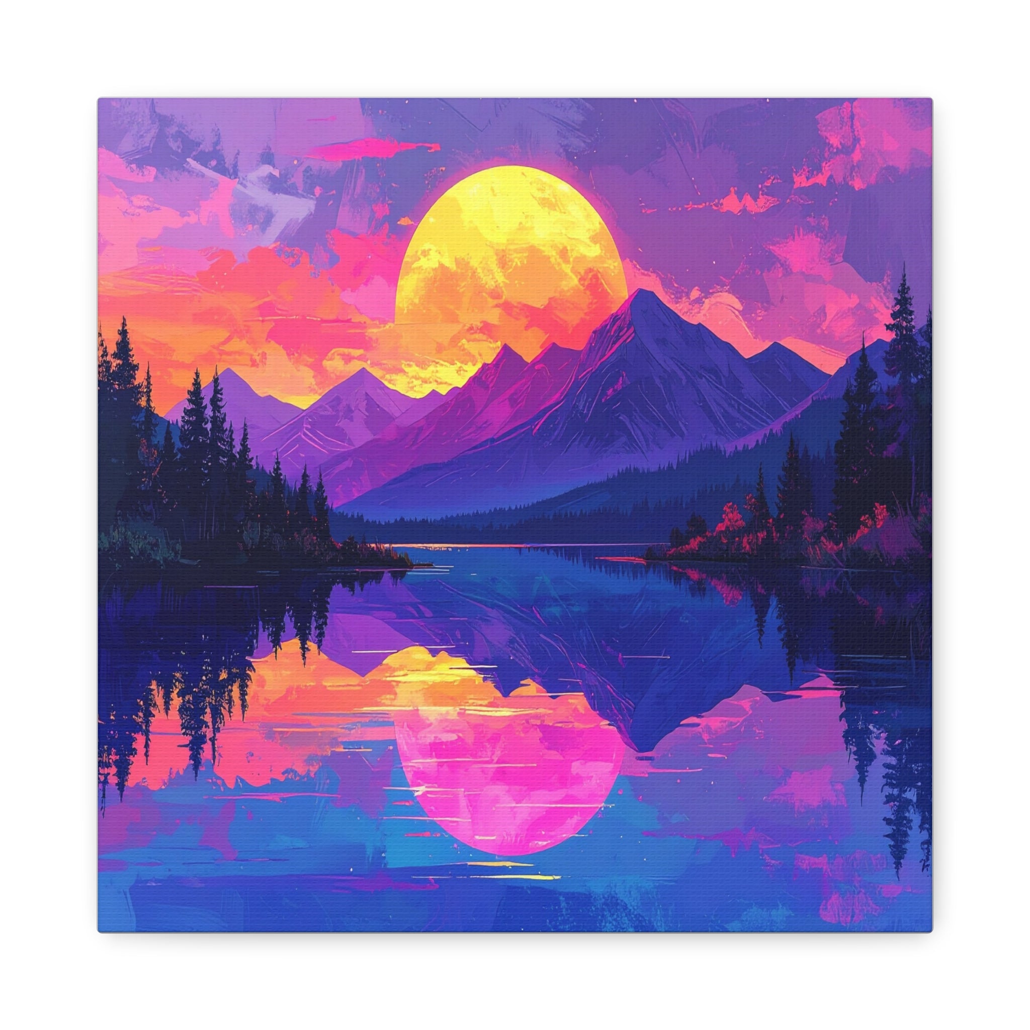 Twilight Symmetry: Neon Mountain Landscape, Vaporwave Digital Art - L’Art Suprême Canvas