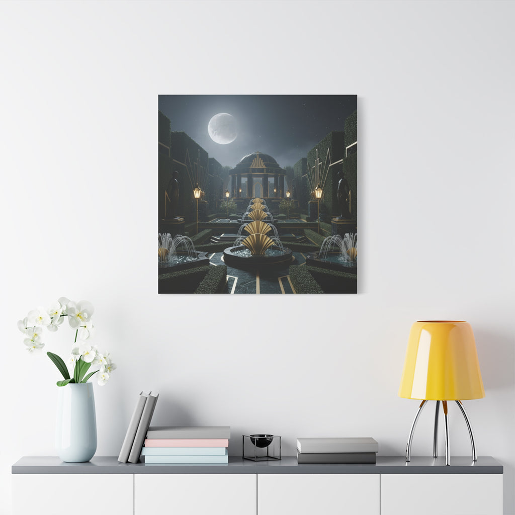 Nocturnal Pavilion: Art Deco Garden Symphony, Moonlit Architectural Dreamscape - L’Art Suprême Canvas