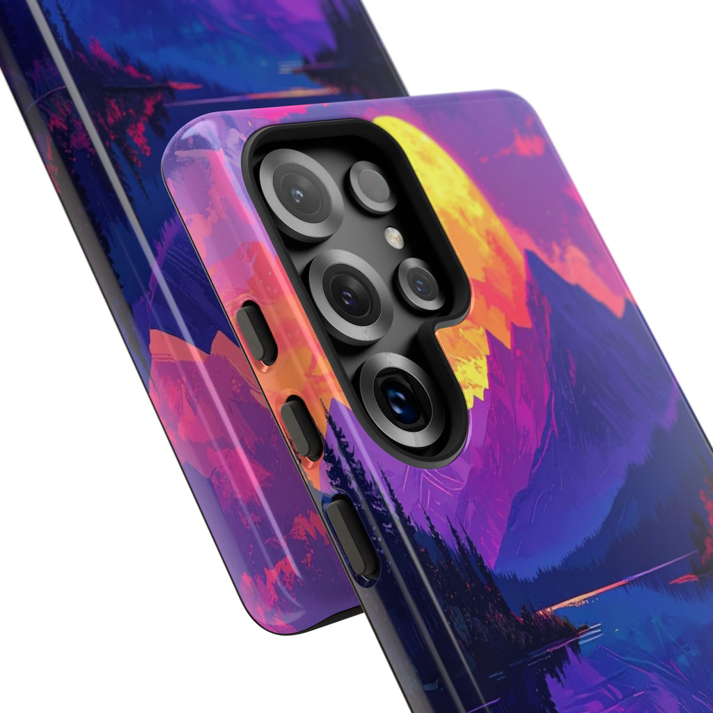 Twilight's Reflective Embrace: Mountain Synthwave Landscape, Digital Sunset Panorama - L’Art Suprême Phone Case