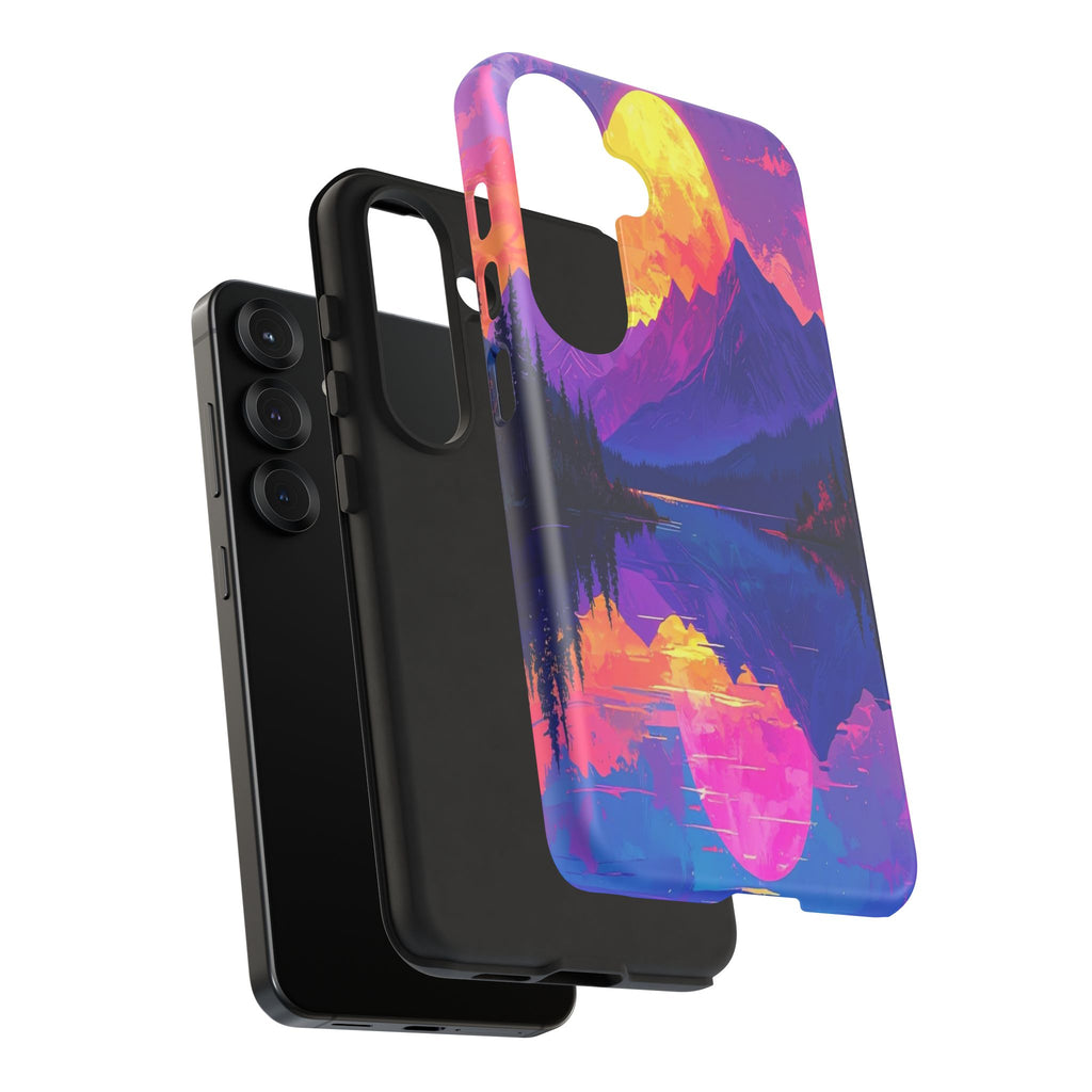 Twilight's Reflective Embrace: Mountain Synthwave Landscape, Digital Sunset Panorama - L’Art Suprême Phone Case
